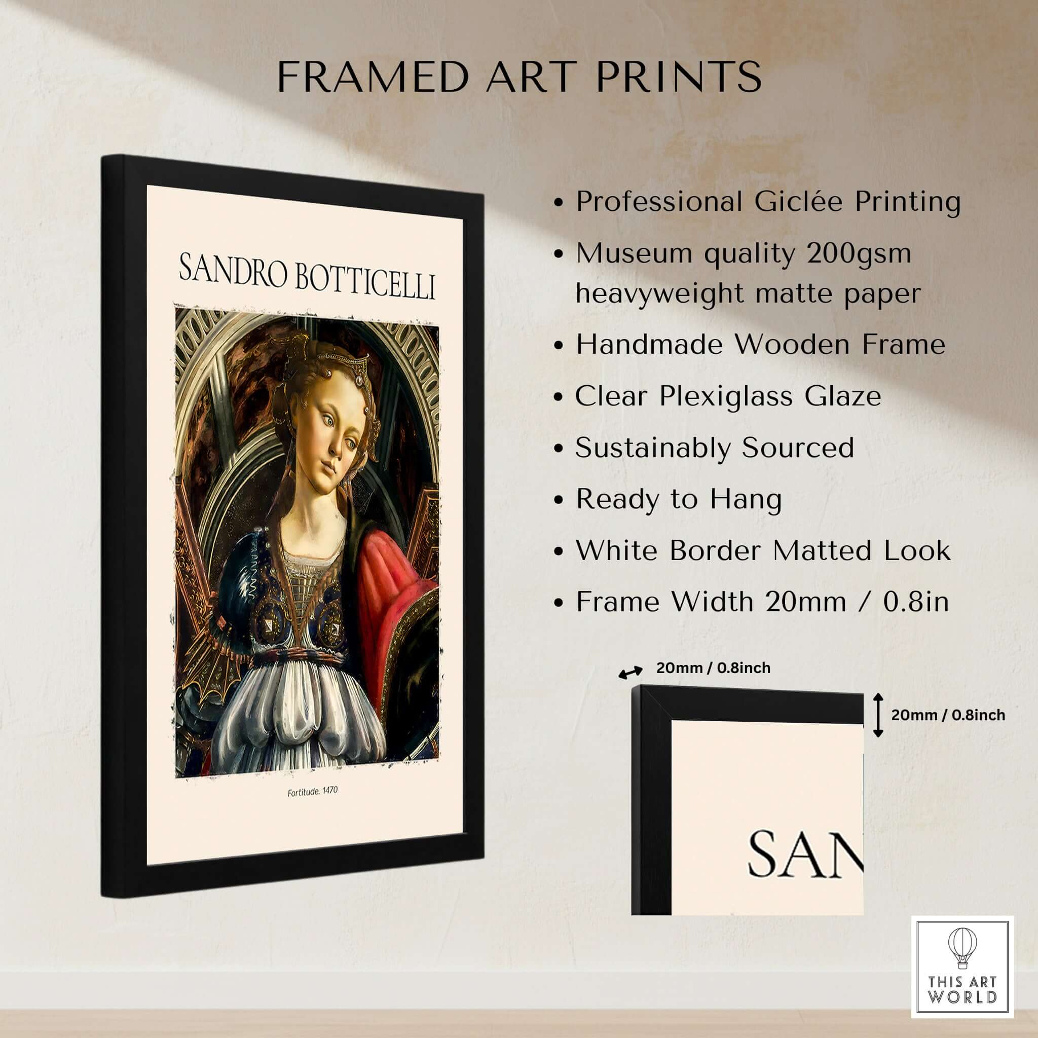 Botticelli Fortitude 1470 Allegory Virtue Art Print Renaissance Poster Wall Decor framed art print features professional Giclée printing.