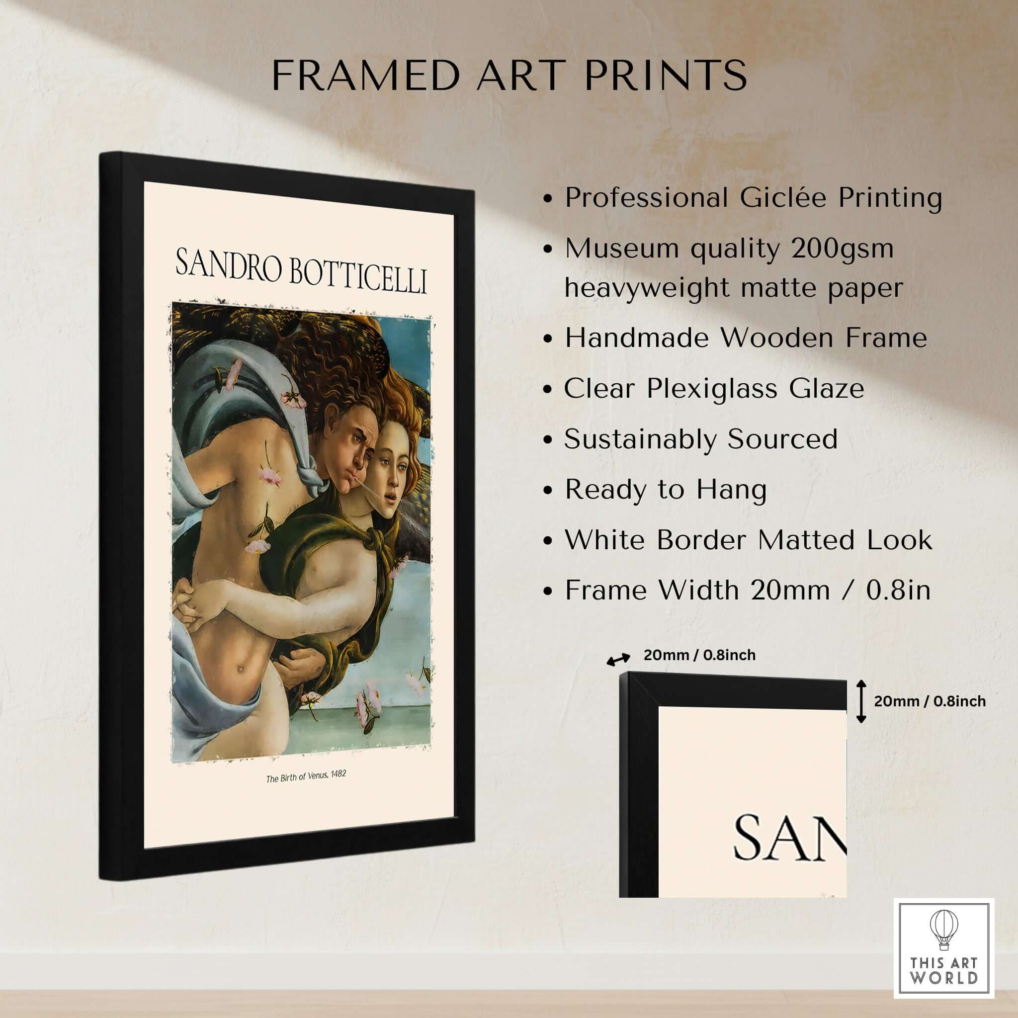 Botticelli Birth of Venus Detail Zephyr Aura Art Print Renaissance Mythology Poster framed with museum-quality specifications.