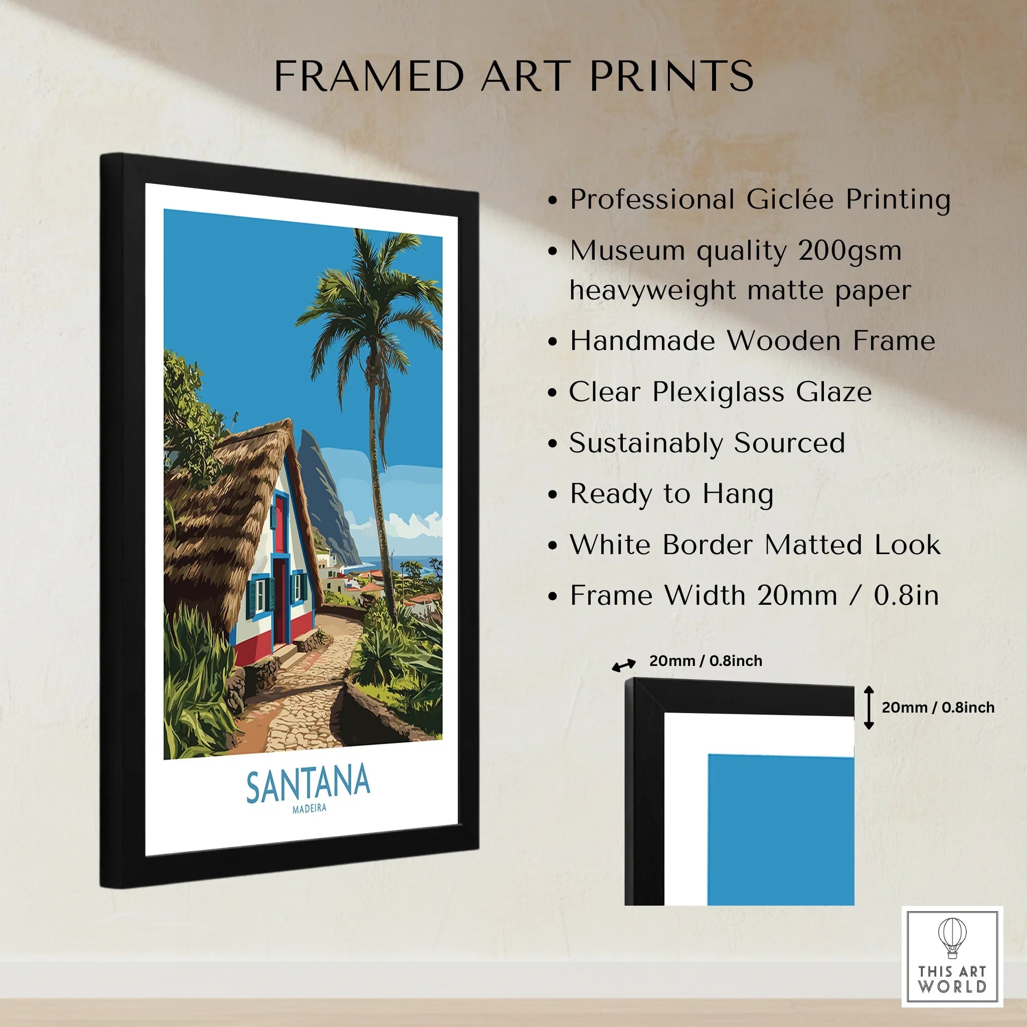 Framed Santana Madeira travel poster print with palm tree, cottage, and ocean view, black wooden frame, quality details.