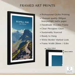 Scafell Pike Lake District Wall Art Print | English Mountain Peak Travel Poster displayed in a handmade wooden frame.