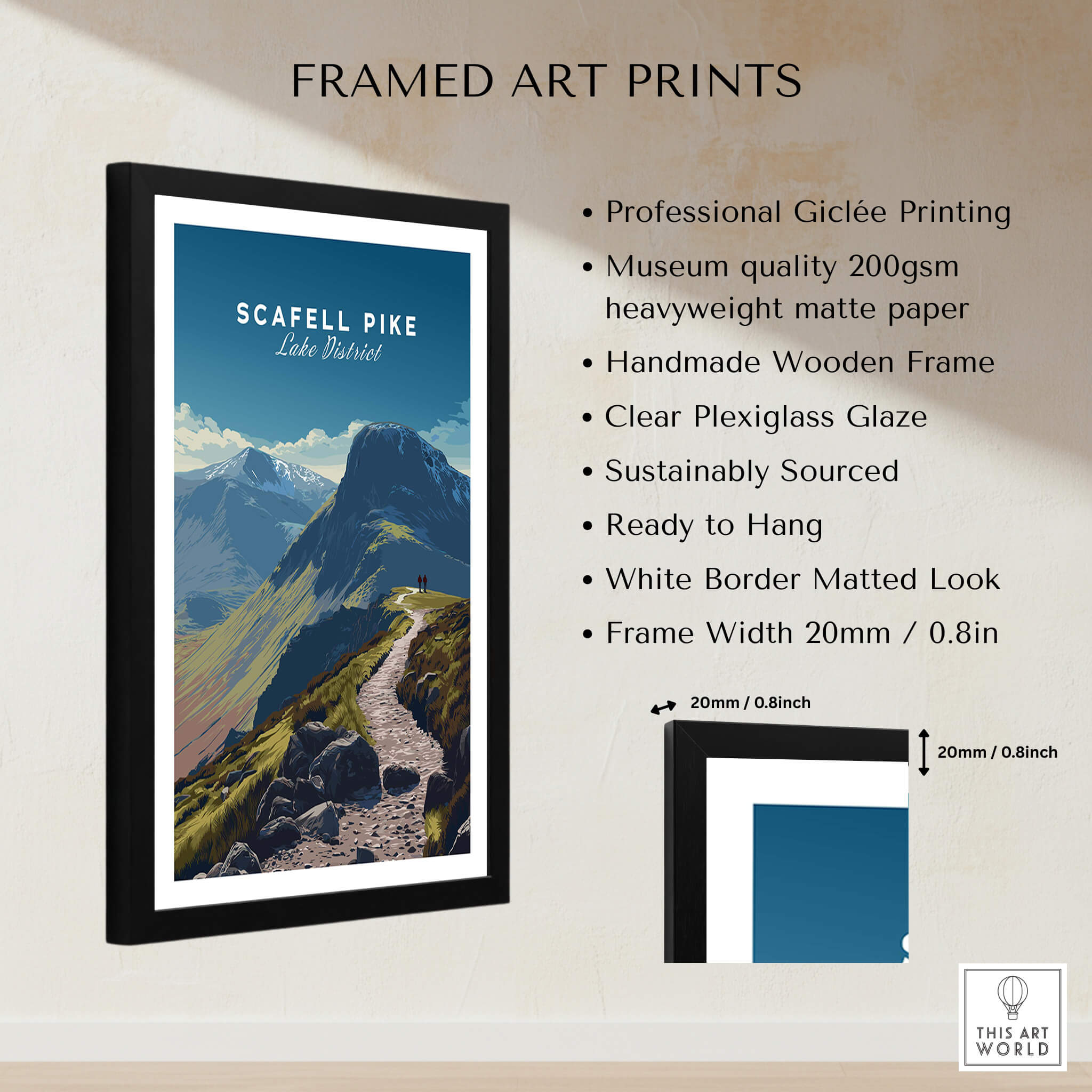 Scafell Pike Lake District Wall Art Print | English Mountain Peak Travel Poster displayed in a handmade wooden frame.