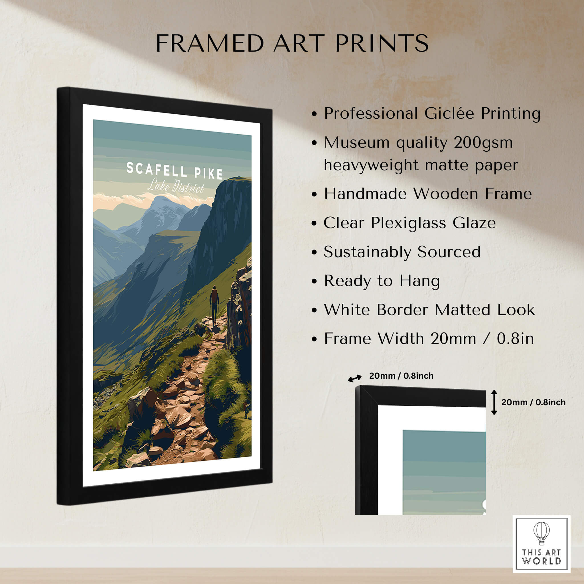 Scafell Pike Lake District Travel Poster | Mountain Valley View Wall Art Print framed art print with clear plexiglass.