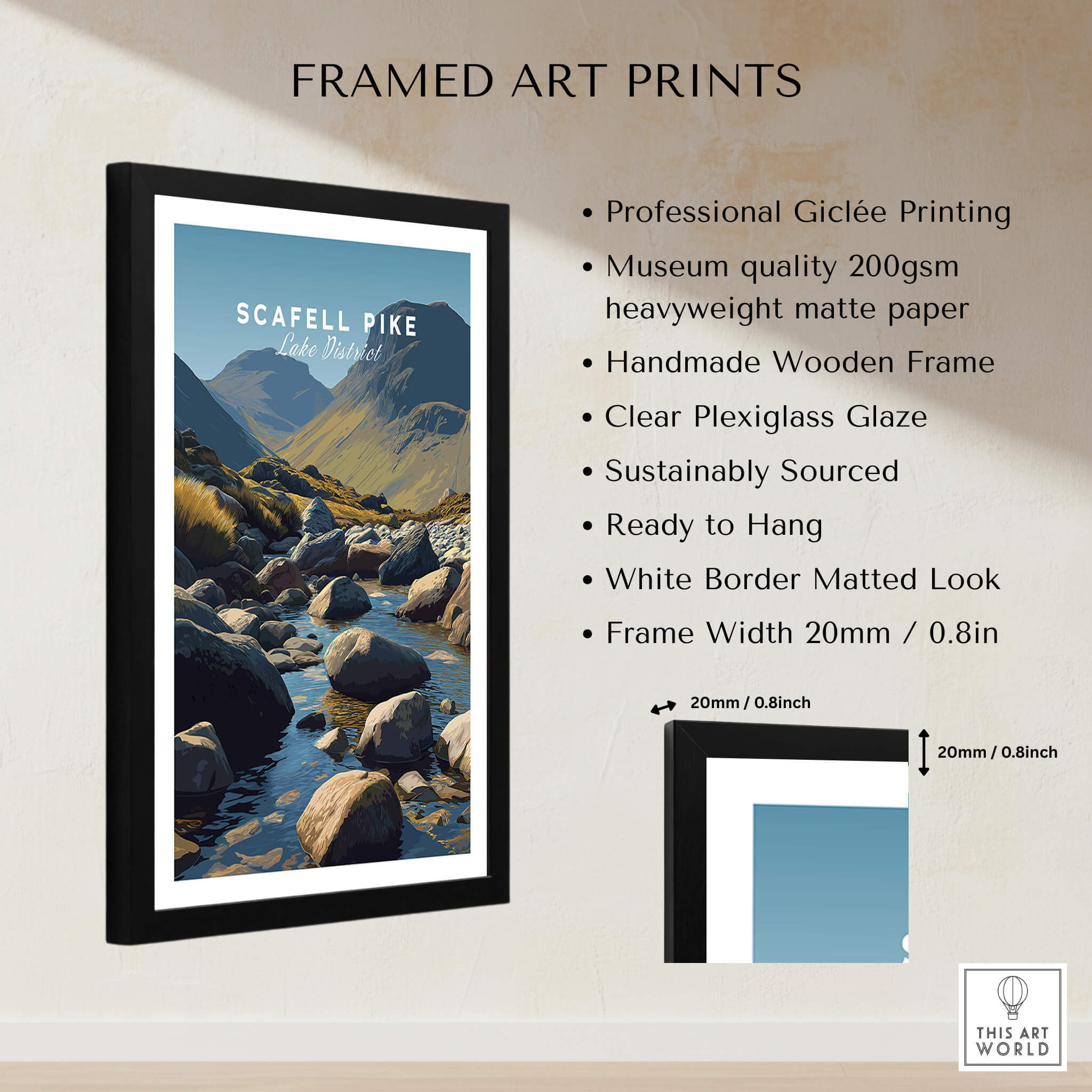 Scafell Pike Poster Lake District Wall Art Print in a handmade wooden frame with Plexiglass glaze.