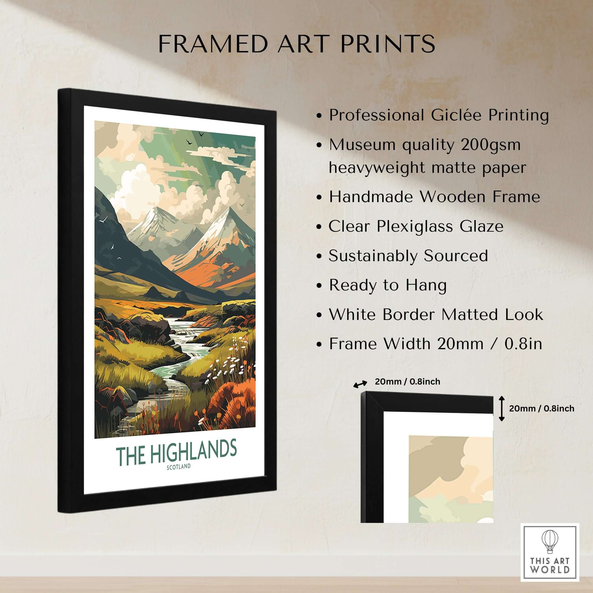Scottish Highlands Art Print | Modern Style framed in a handmade wooden frame, showcasing vibrant scenery and museum quality design.