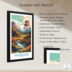 The Highlands Scotland Art Print in a framed presentation showcasing vibrant colors and scenic details.