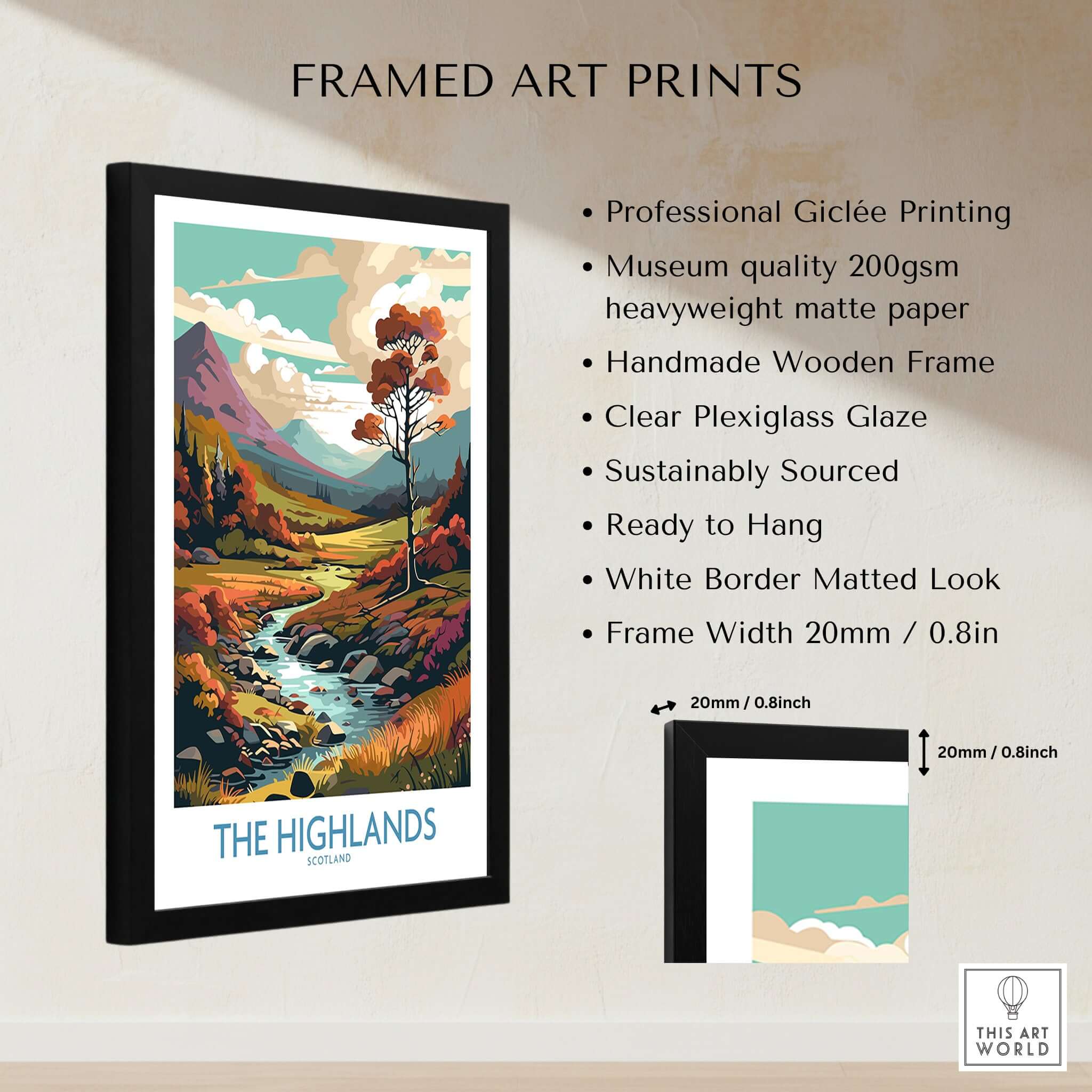The Highlands Scotland Art Print in a framed presentation showcasing vibrant colors and scenic details.