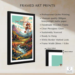 Scottish Highlands Wall Art framed print with vibrant colors, detailed scenery, and a stylish wooden frame.