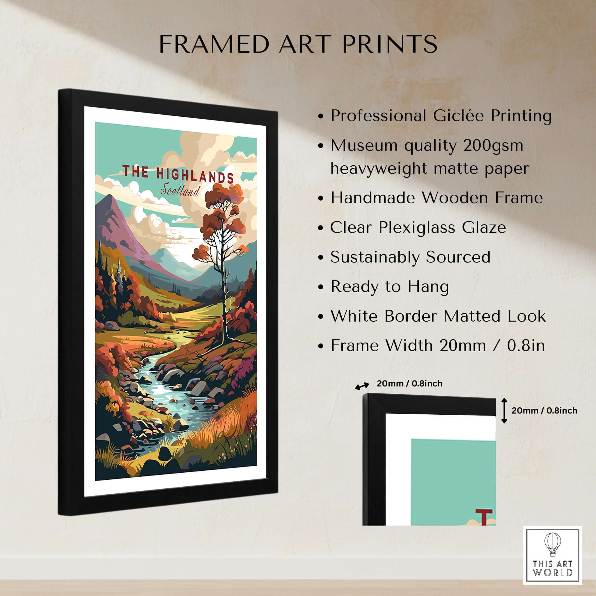 Scottish Highlands Wall Art framed print with vibrant colors, detailed scenery, and a stylish wooden frame.