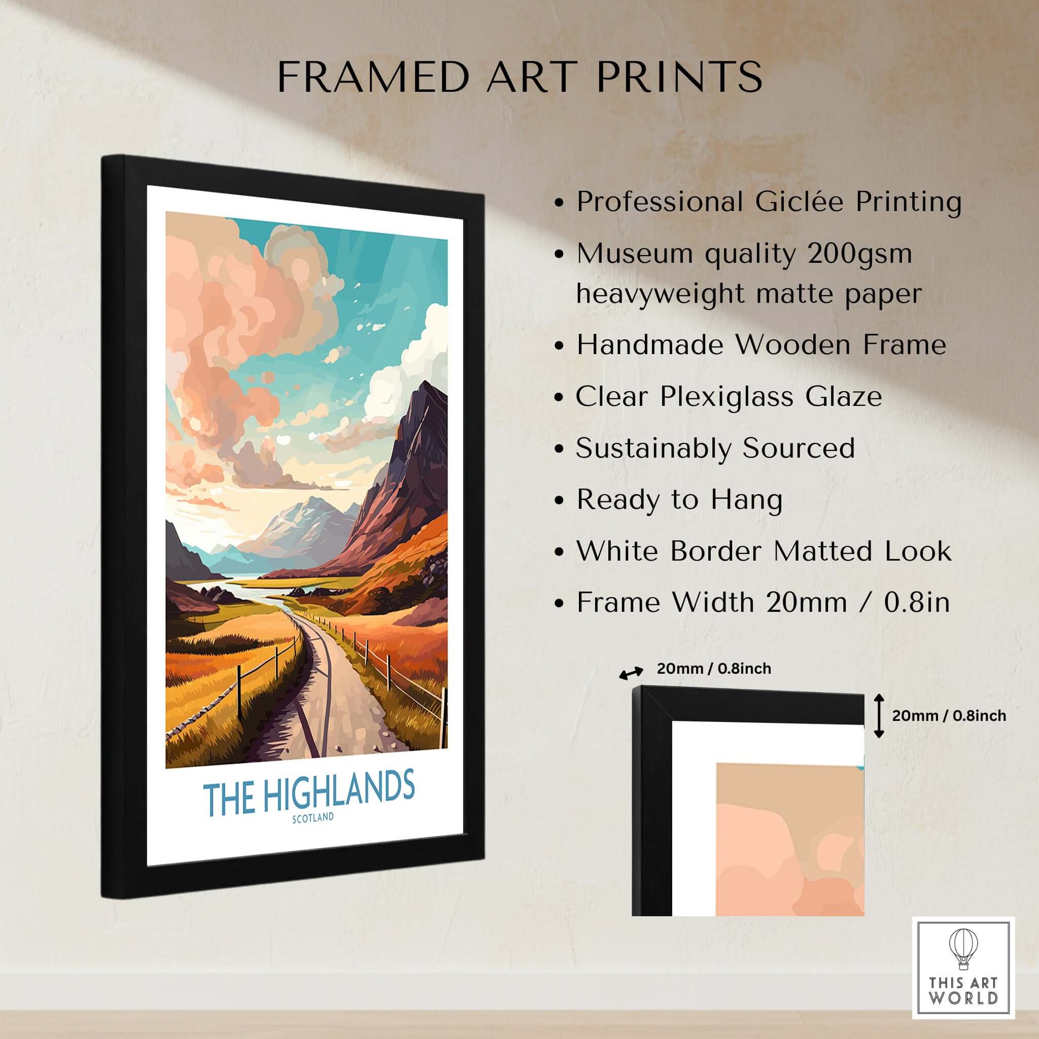 Framed wall art print titled 'The Highlands Scotland Wall Art' showcasing vibrant Highland scenery.