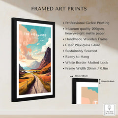 Scottish Highlands Art Print showcasing a framed landscape with vibrant colors and clear plexiglass, ready to hang.
