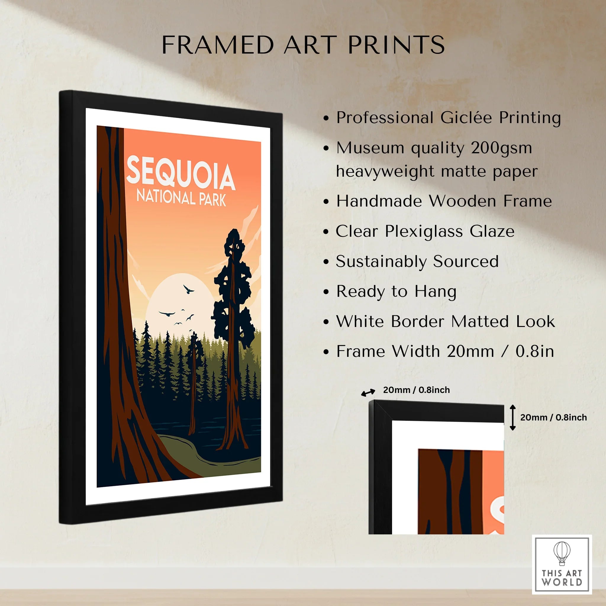 Framed Sequoia National Park art print with wooden frame and matte paper, ready to hang.