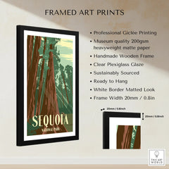 Framed Sequoia National Park art print with tall trees, black frame, and product details.