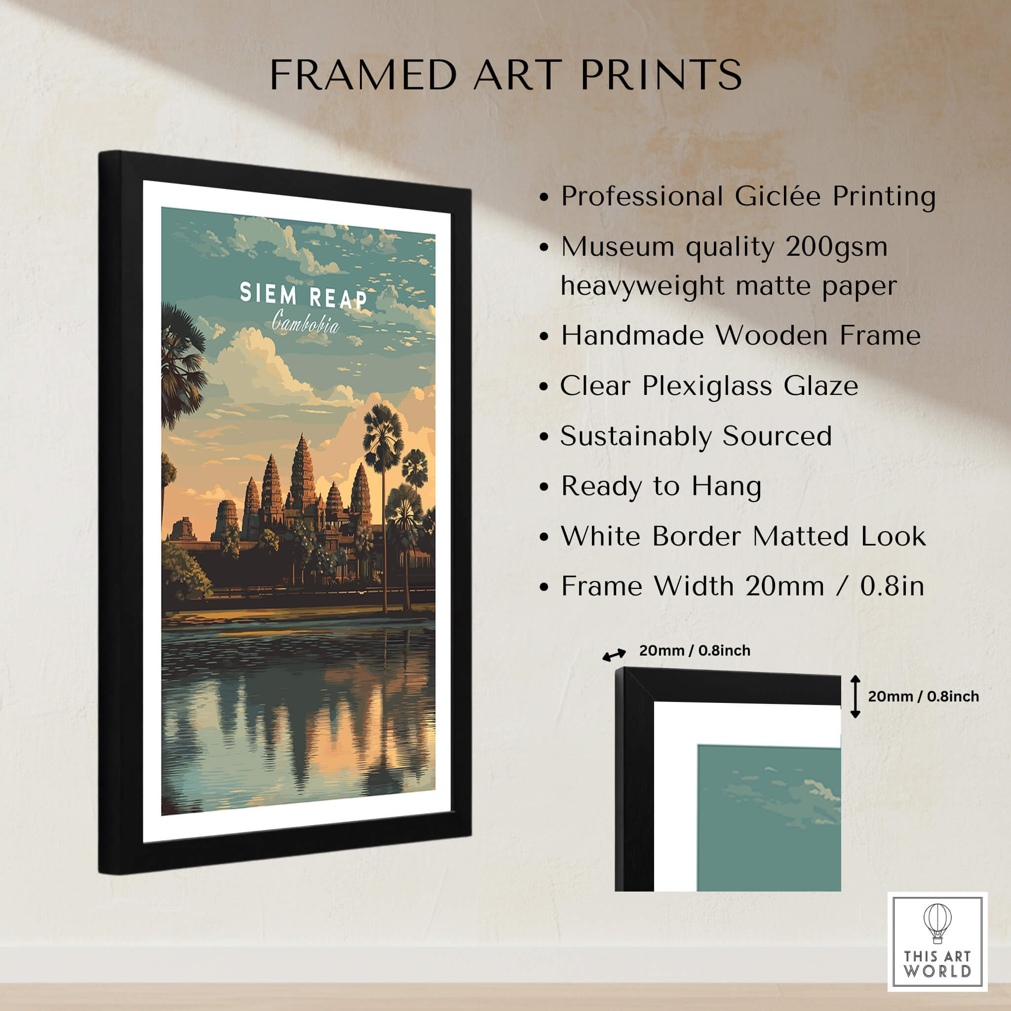 Siem Reap Poster Cambodia | Angkor Wat Temple Wall Art Print framed art print with professional giclée printing.