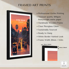 Siem Reap Wall Art Print | Cambodia Sunset Street Scene Travel Poster displayed in a stylish frame with detailed features.