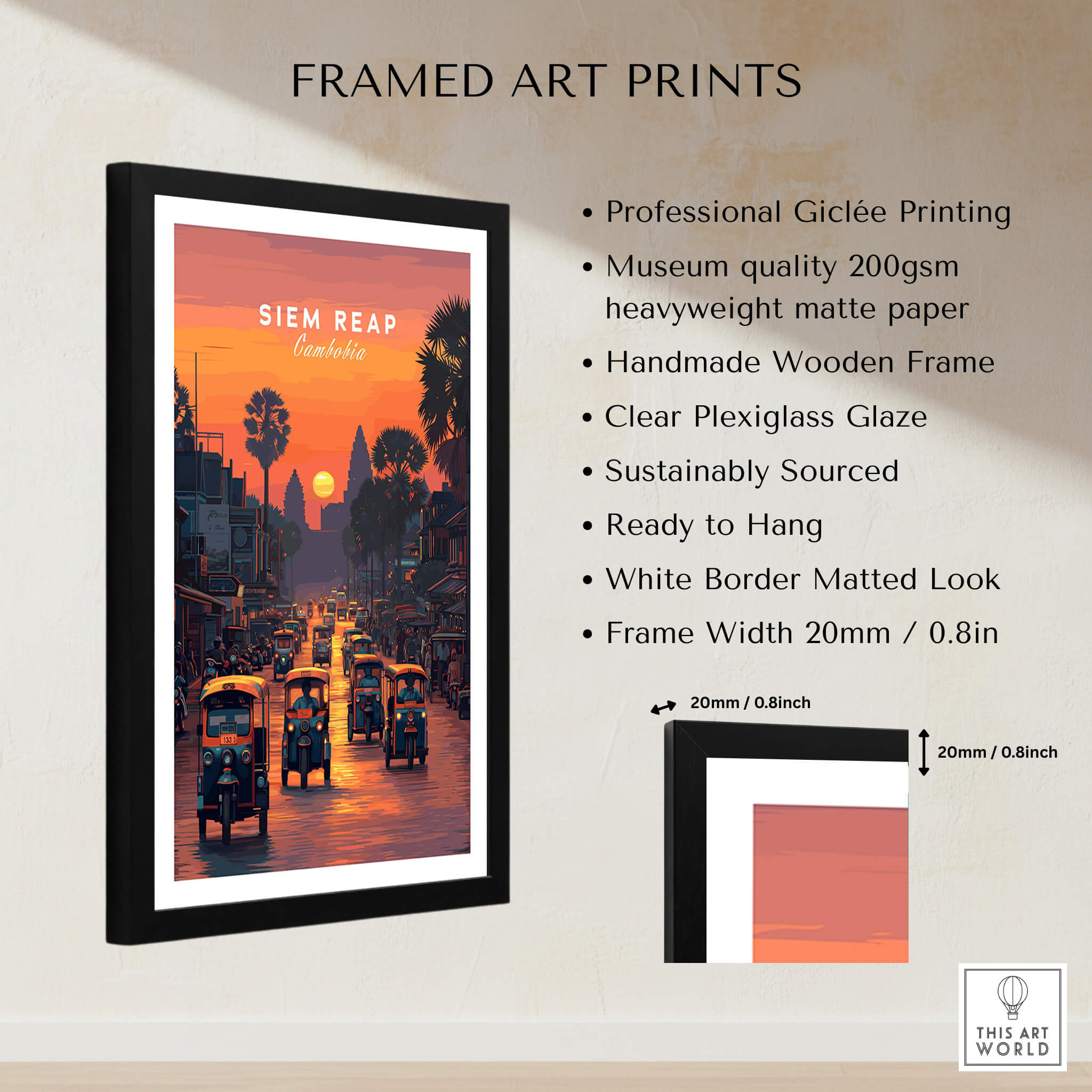 Siem Reap Wall Art Print | Cambodia Sunset Street Scene Travel Poster displayed in a stylish frame with detailed features.