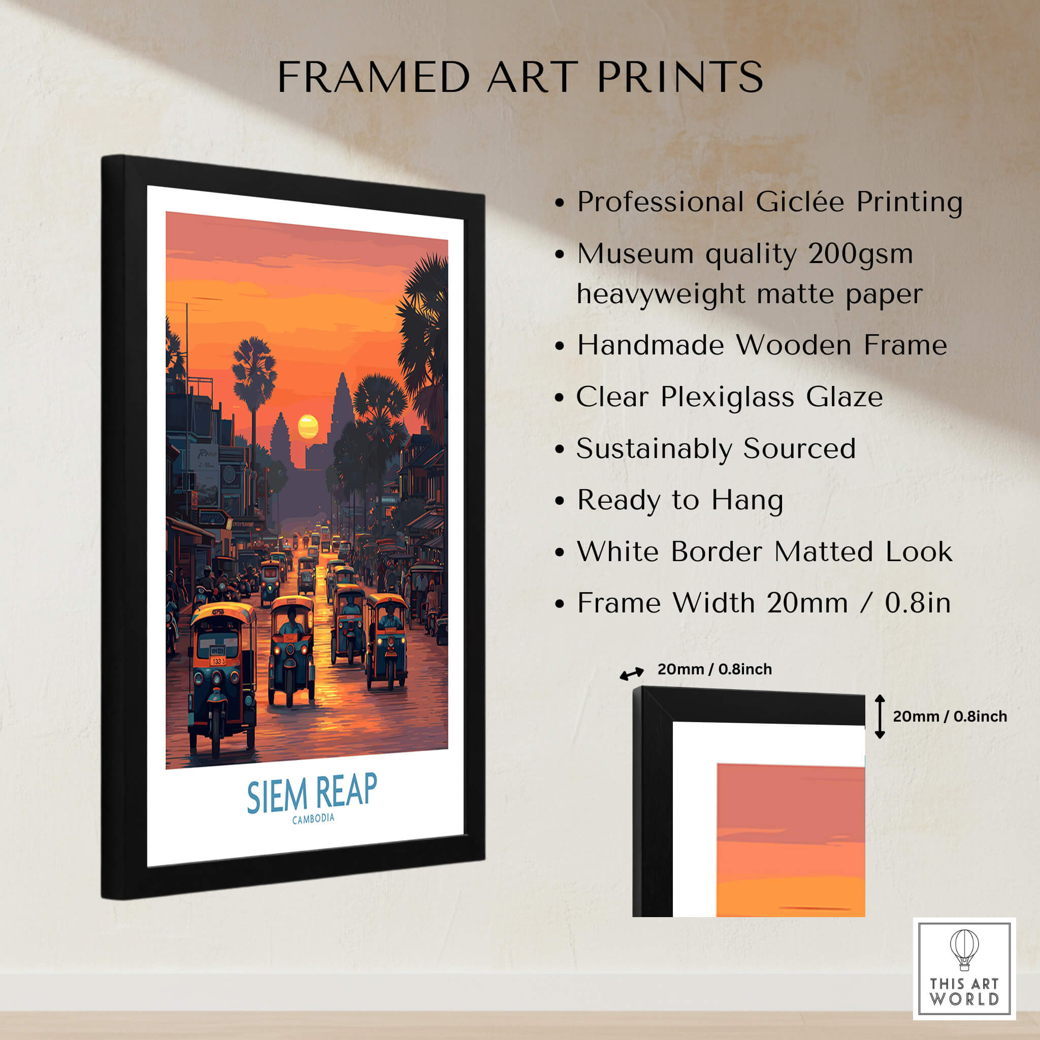 Siem Reap Poster | Bustling Tuk Tuk Cambodia Cityscape Canvas Print displayed in a framed art print format.