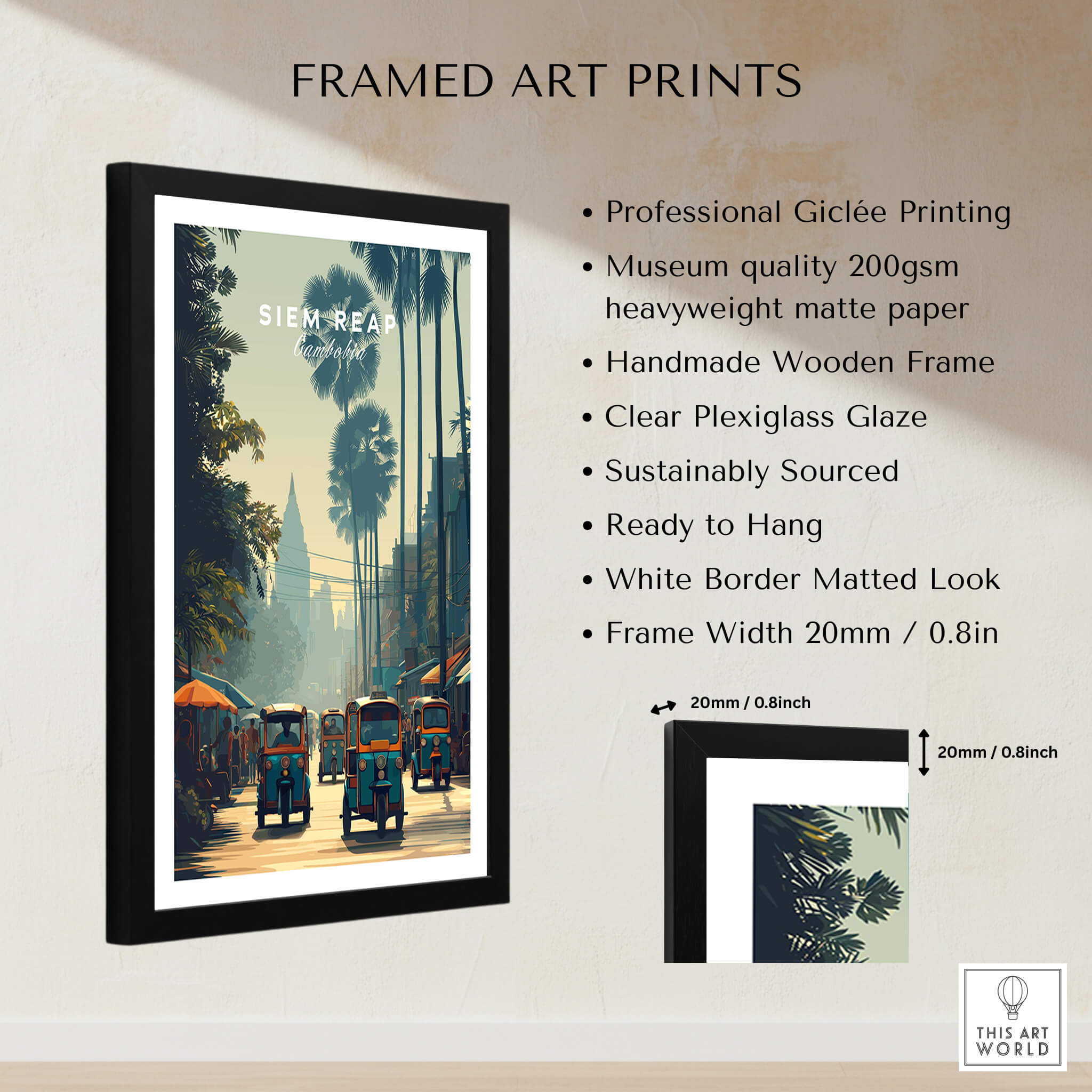 Siem Reap Cambodia Travel Poster | Tropical Town Street Wall Art Print displayed in a framed art print setup.