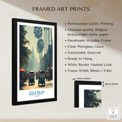 Siem Reap Cambodia Print | Canvas Poster featuring vibrant tuk tuks and street scenes in a framed art display.