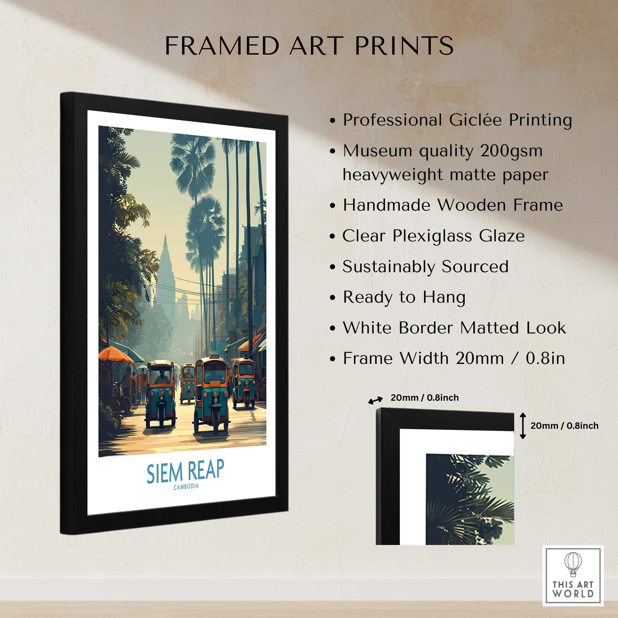 Siem Reap Cambodia Print | Canvas Poster featuring vibrant tuk tuks and street scenes in a framed art display.