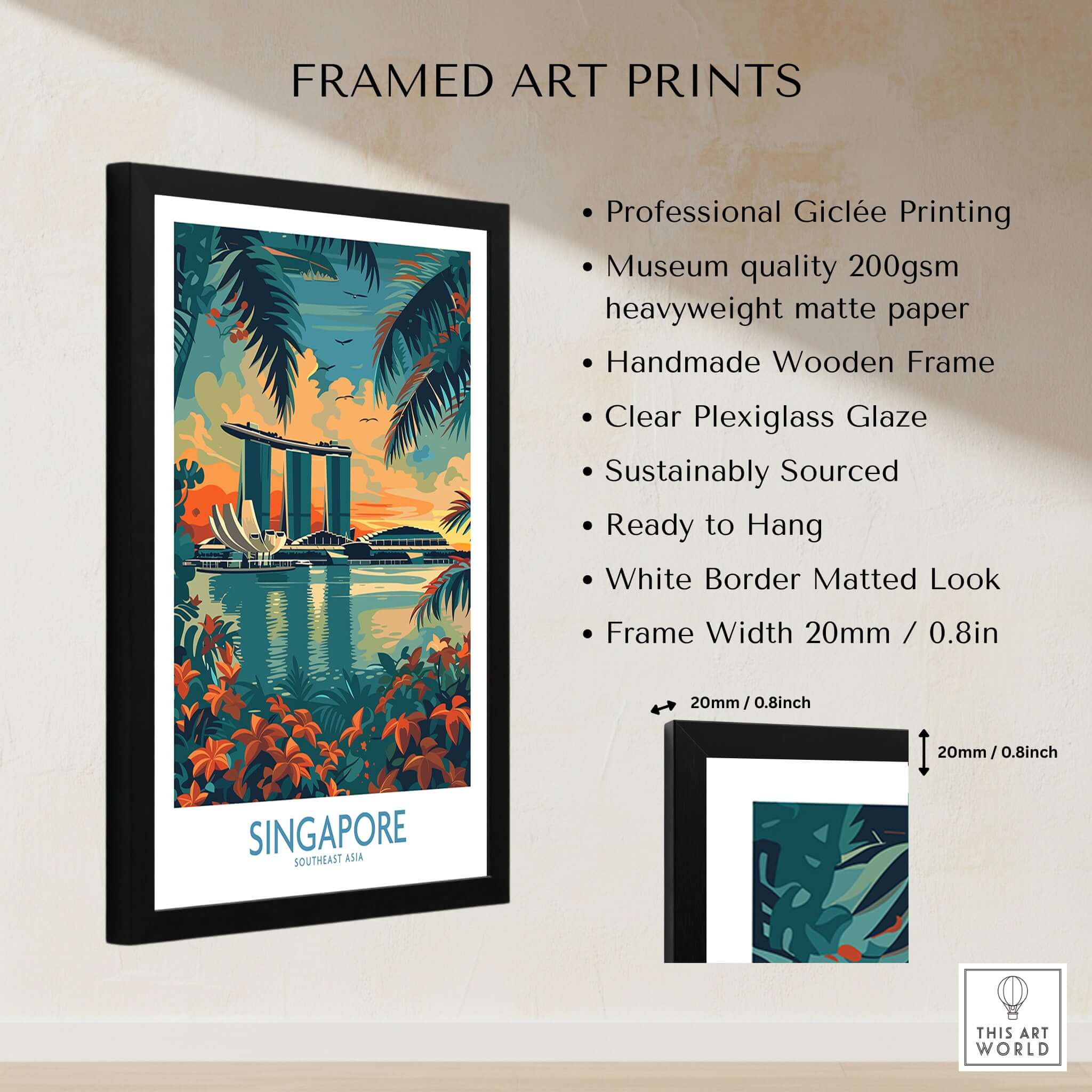 Singapore Travel Poster - Southeast Asia framed art print with vibrant colors and Marina Bay Sands design.