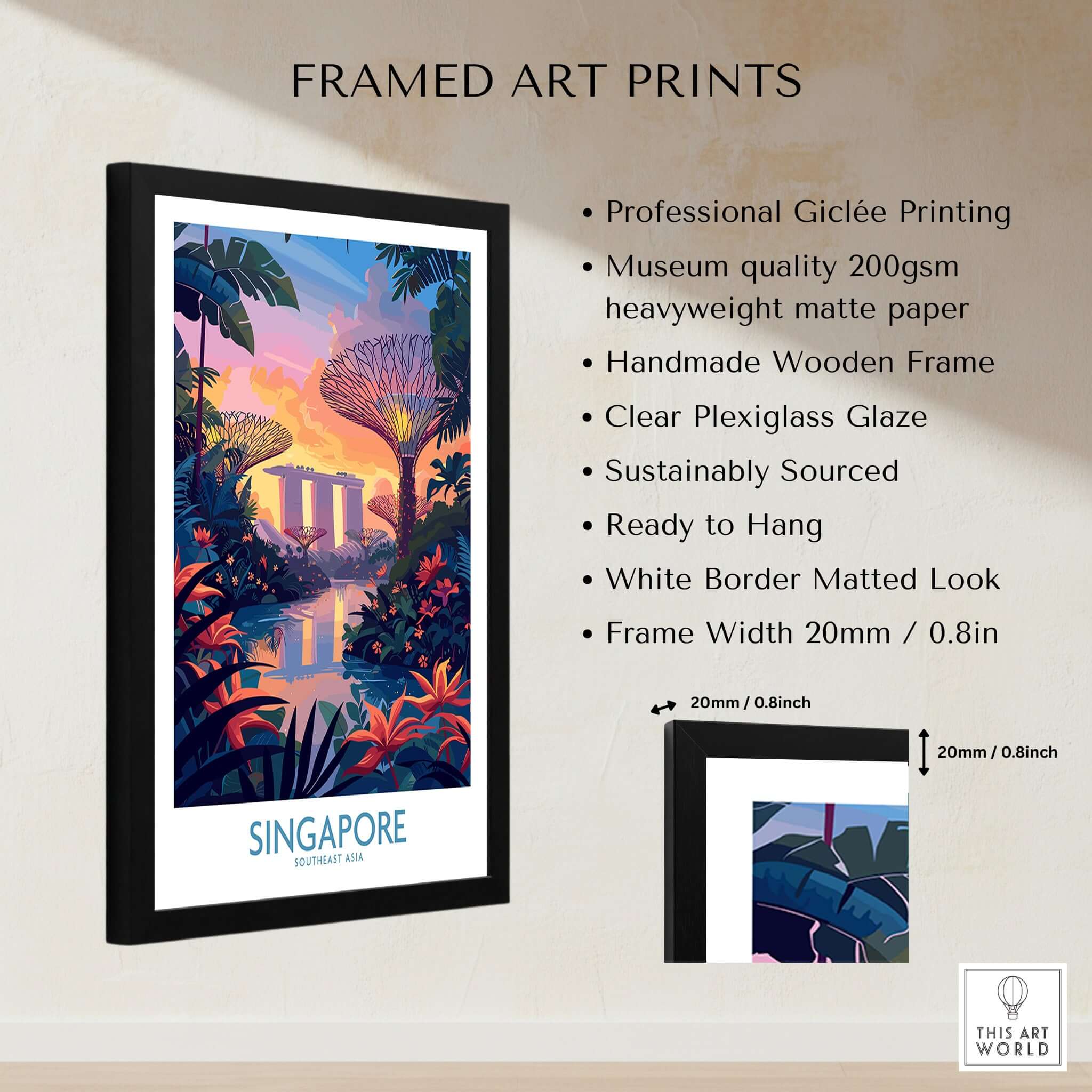 Singapore Wall Art framed print showcasing vibrant colors and iconic Singapore landmarks.