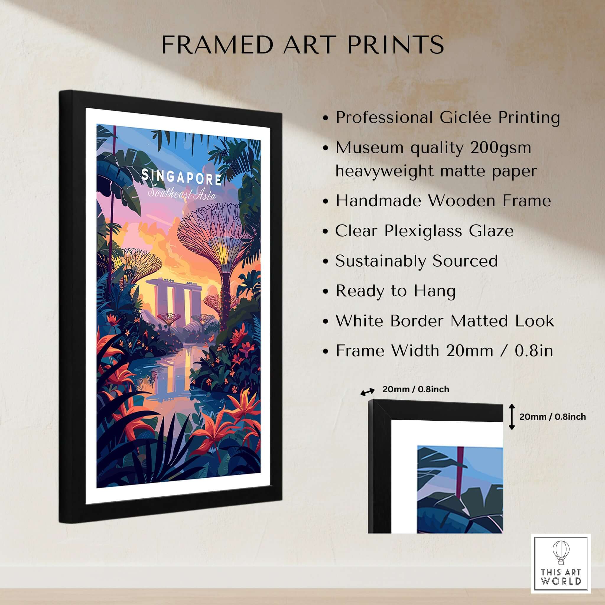 Framed art print of Singapore Poster featuring Gardens on the Bay design with vibrant colors and a stylish frame.
