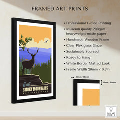 Framed Great Smoky Mountains National Park art print with silhouette deer and mountain landscape.