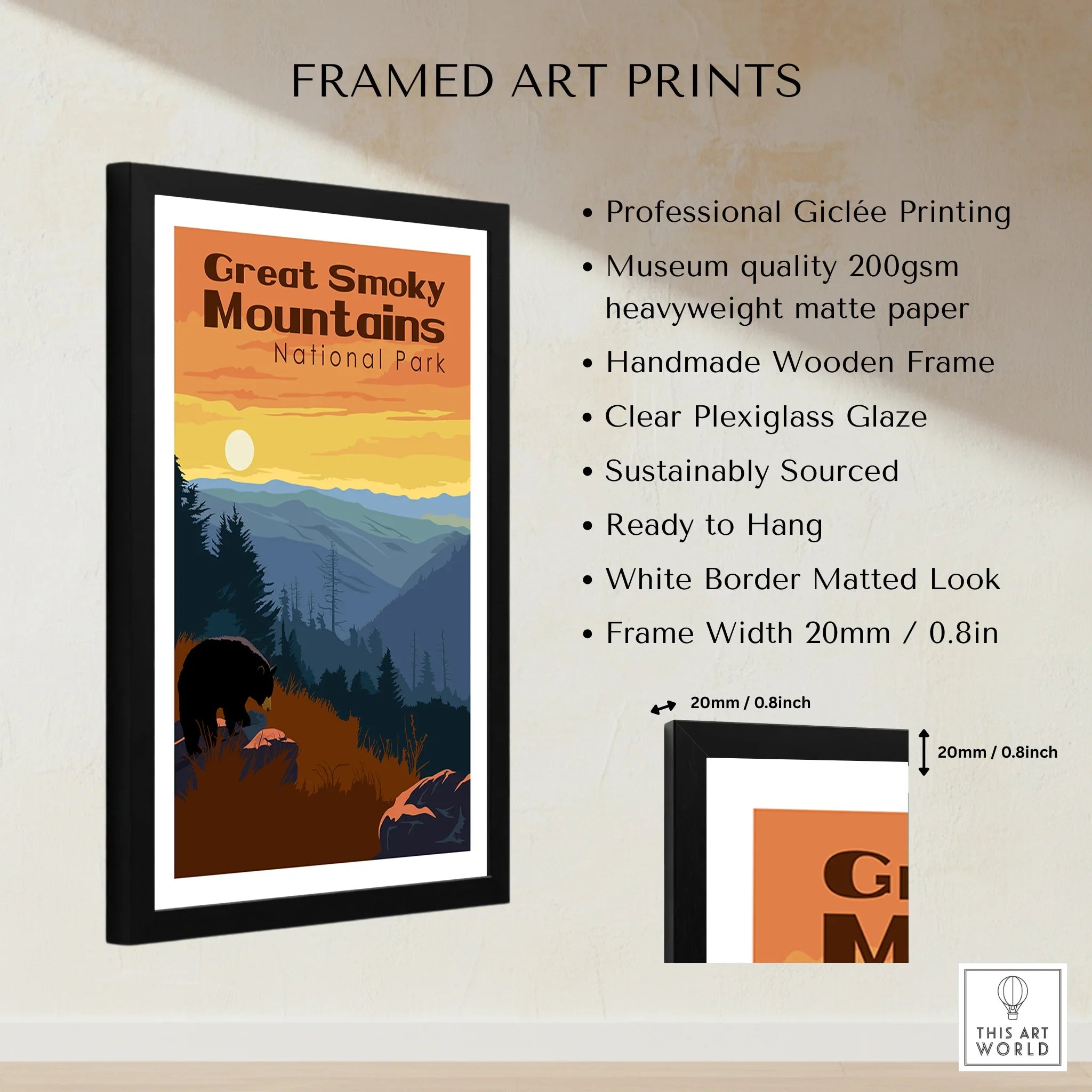 Framed Great Smoky Mountains National Park art print with sunset and bear illustration