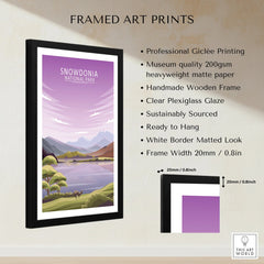 Framed Snowdonia National Park travel poster with black wooden frame and white border, wall art print details listed on side.