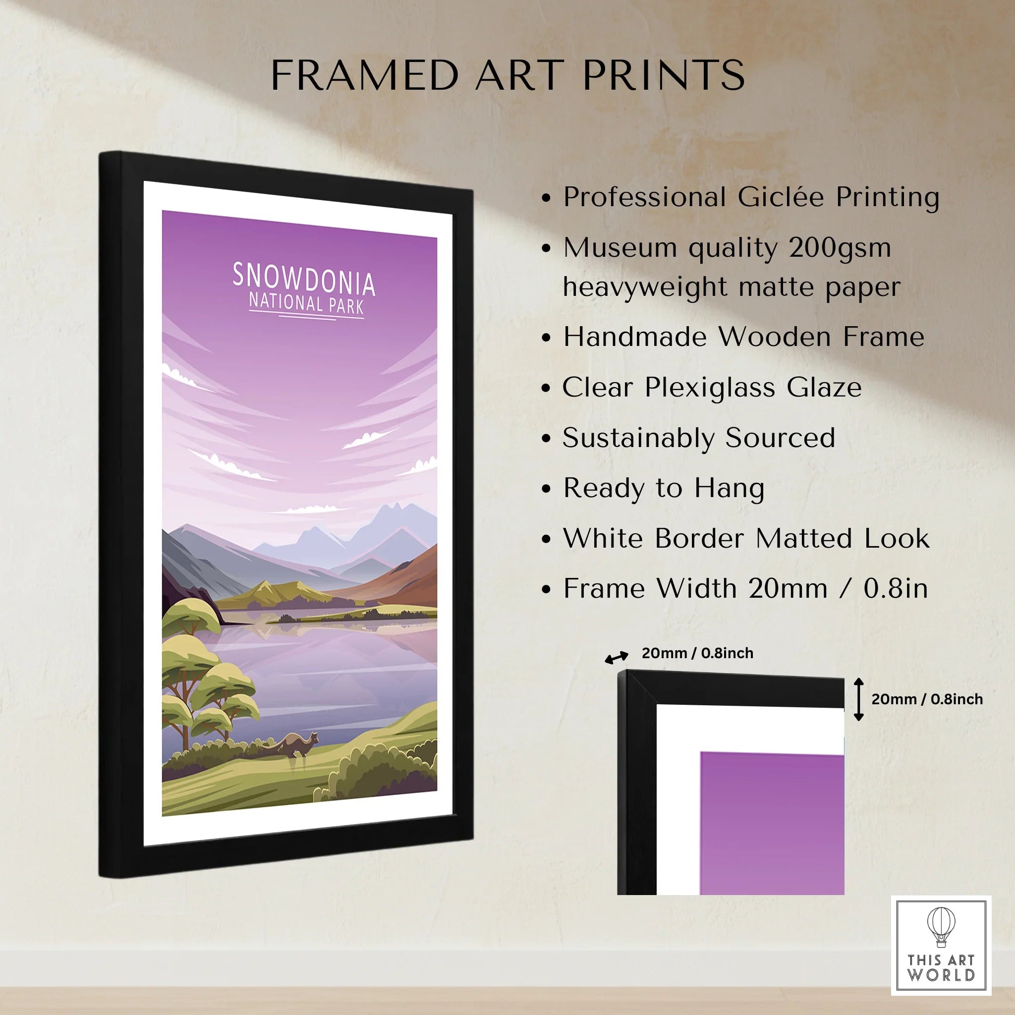 Framed Snowdonia National Park travel poster with black wooden frame and white border, wall art print details listed on side.