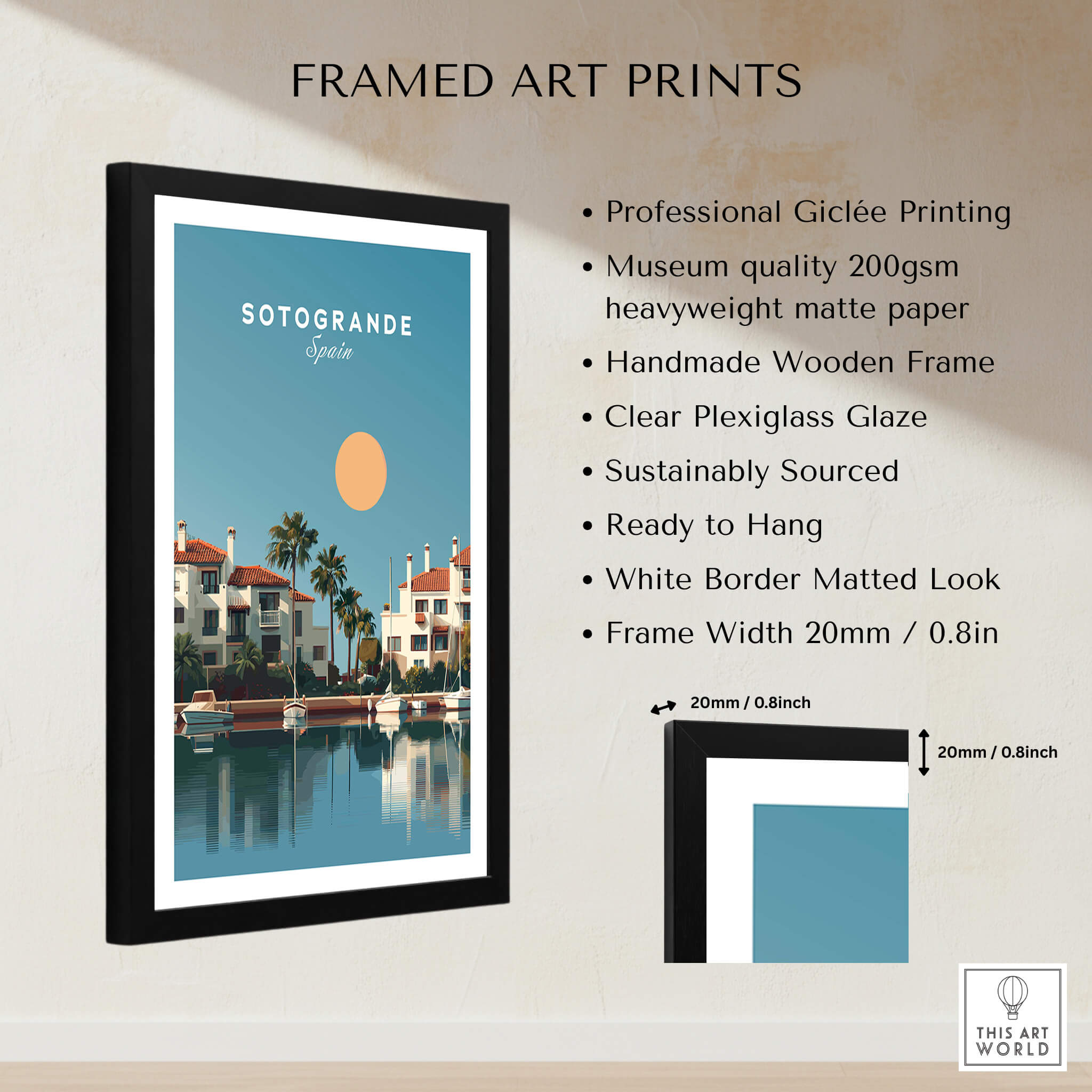 Sotogrande Spain Travel Poster | Luxury Marina & Boats Wall Art Print displayed in a framed art print with a matte finish.