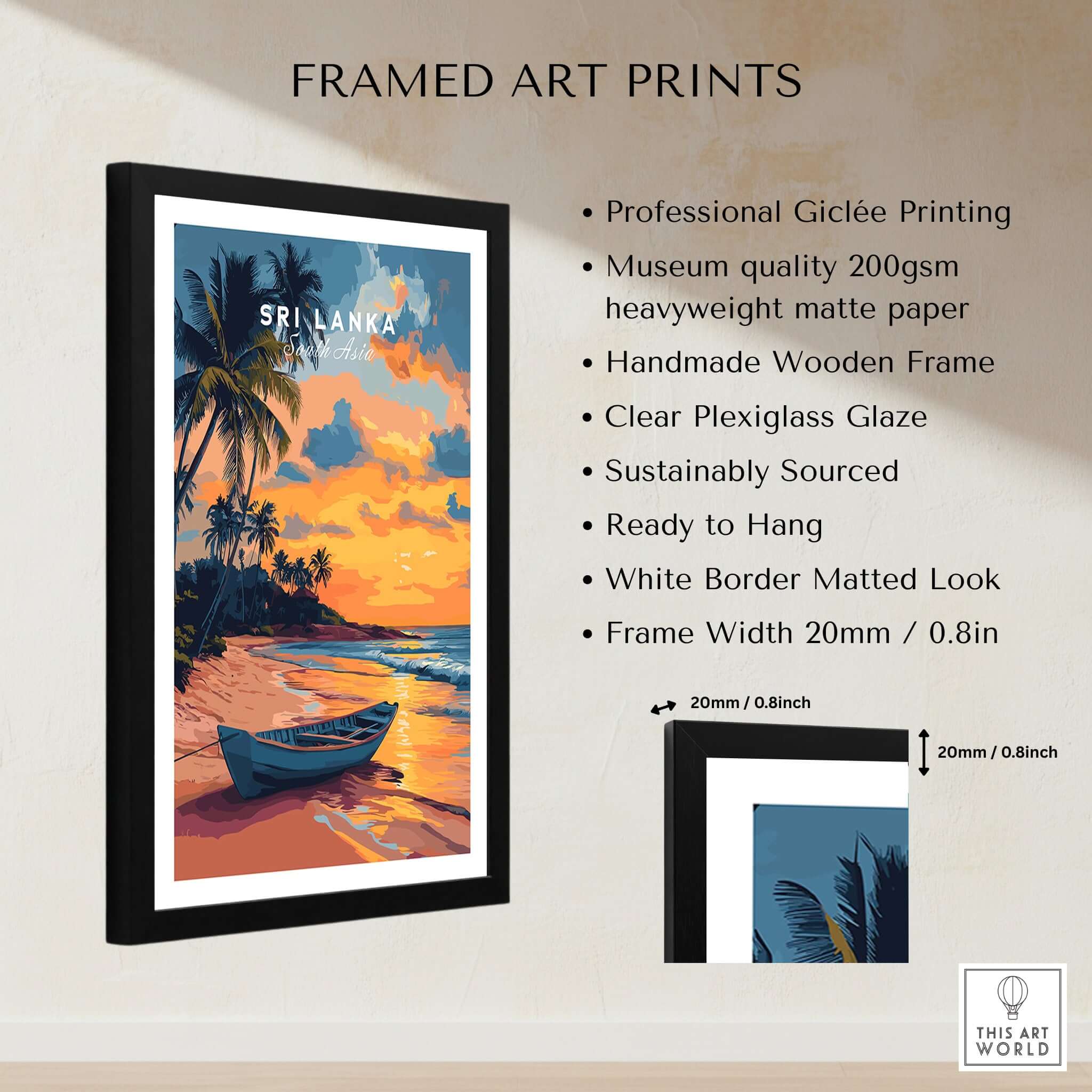 Sri Lanka Sunset Art - Tropical Beach Poster, South Asia Travel Print displayed in a framed art print showcasing vibrant colors.