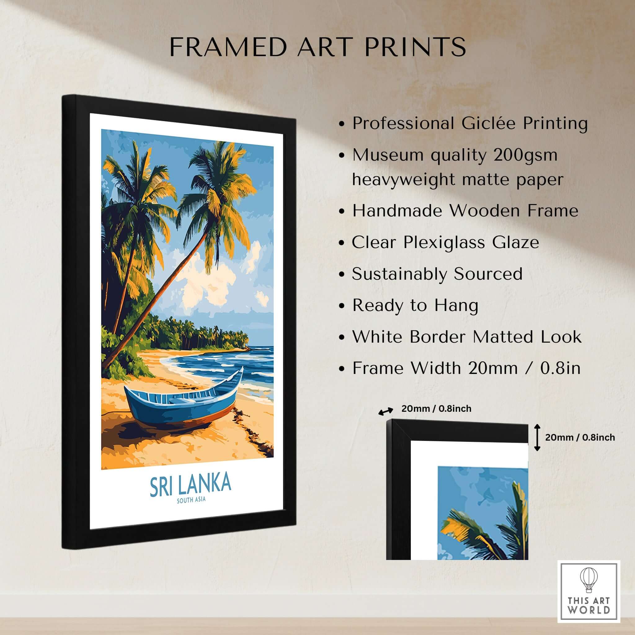 South Asia Travel Poster - Sri Lanka Coastal Print, Island Life Wall Art in a framed print display.