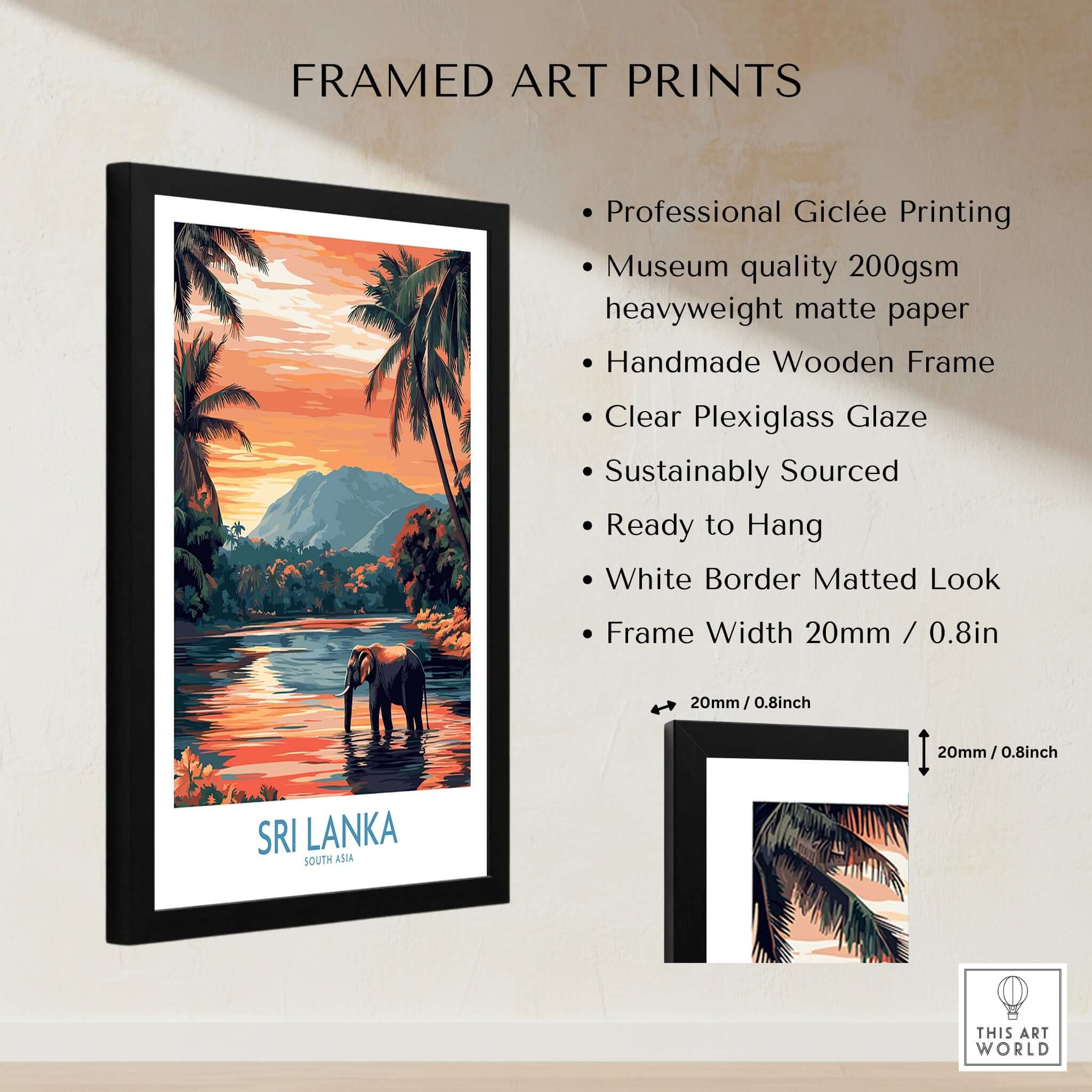 Sri Lanka Nature Art - Elephant in River Poster, Tropical Wildlife Print in a framed art print display.