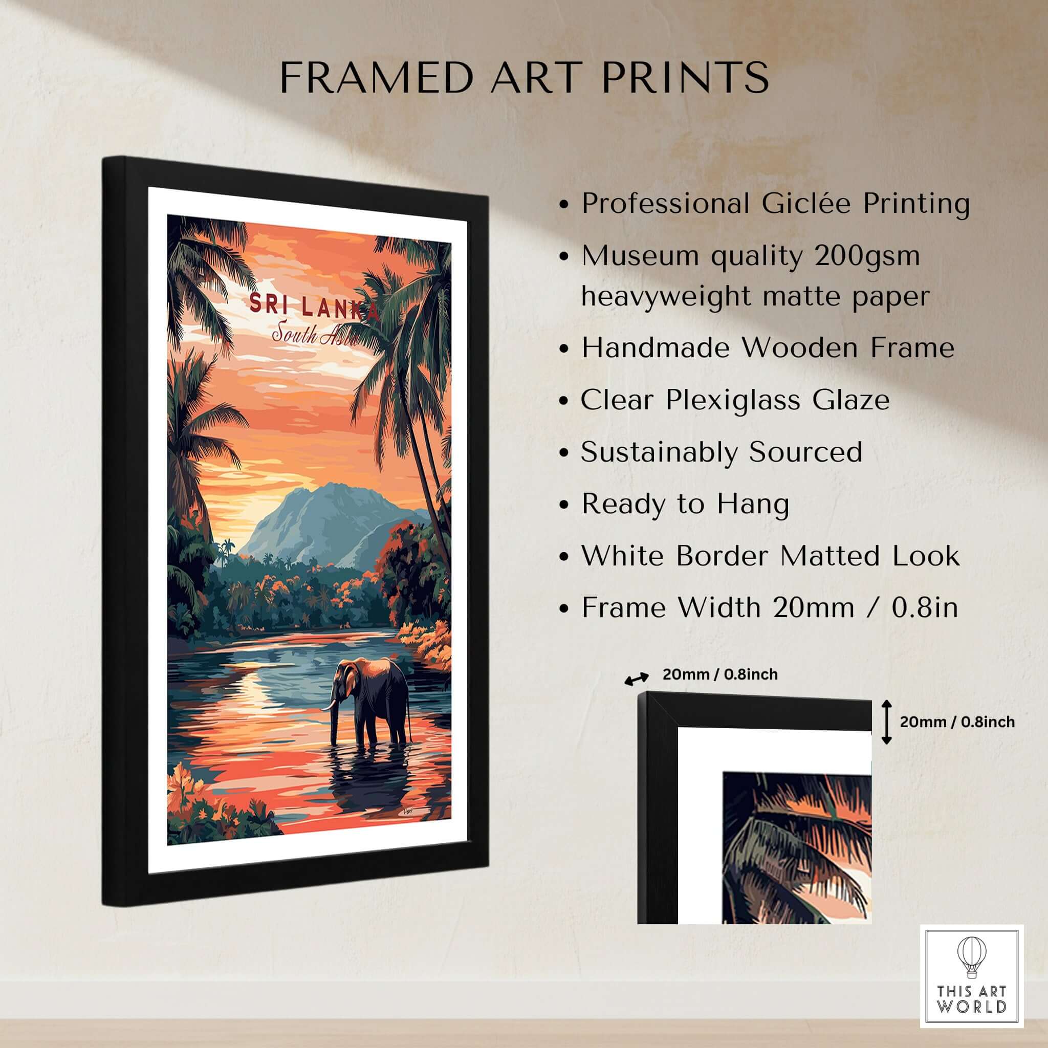 Sri Lanka Elephant Art - South Asia Travel Print, Wildlife Wall Decor framed art print with clear plexiglass glaze.
