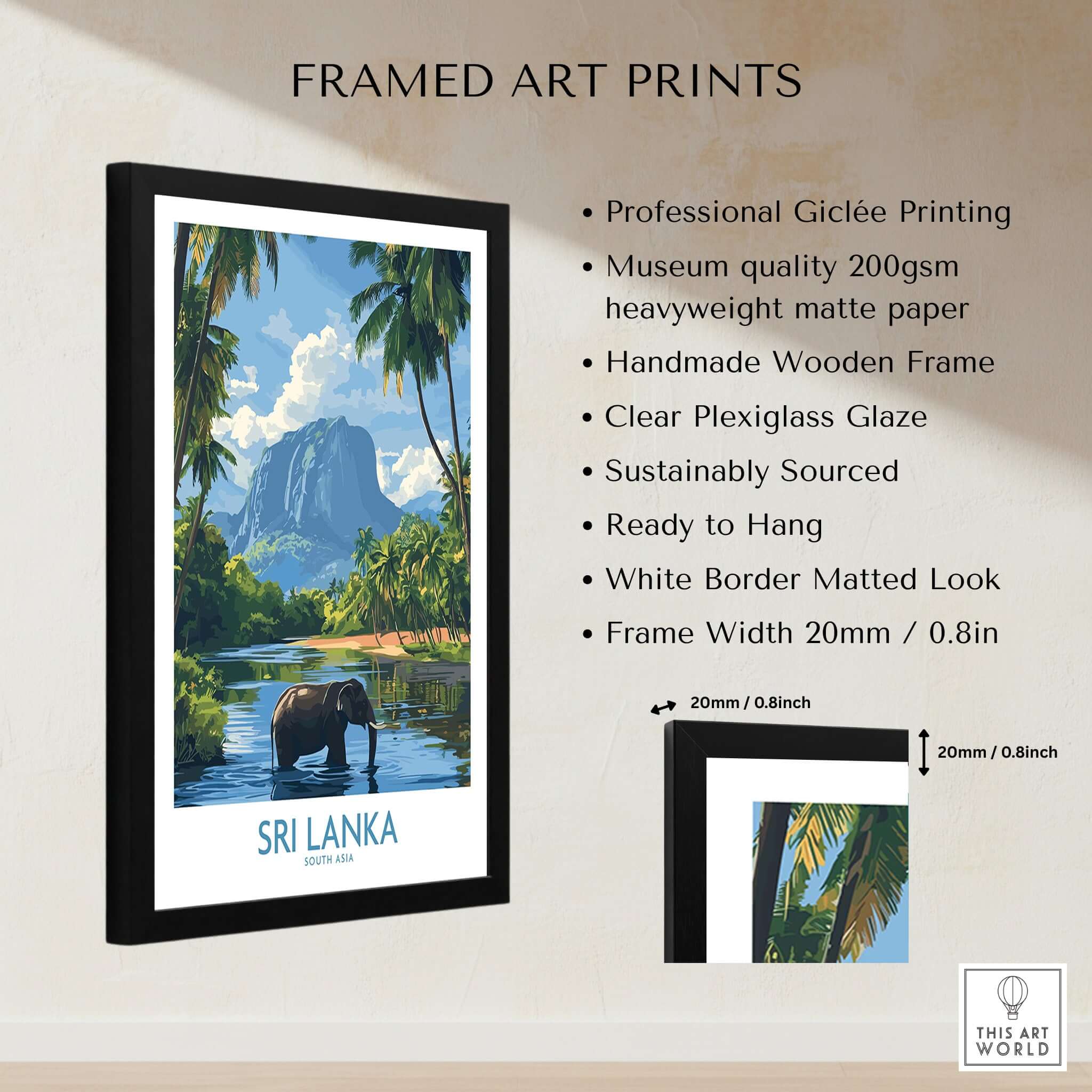 Sri Lanka Tropical Scene Wall Art - Elephant Print, Island Paradise Decor in a framed print with palm trees