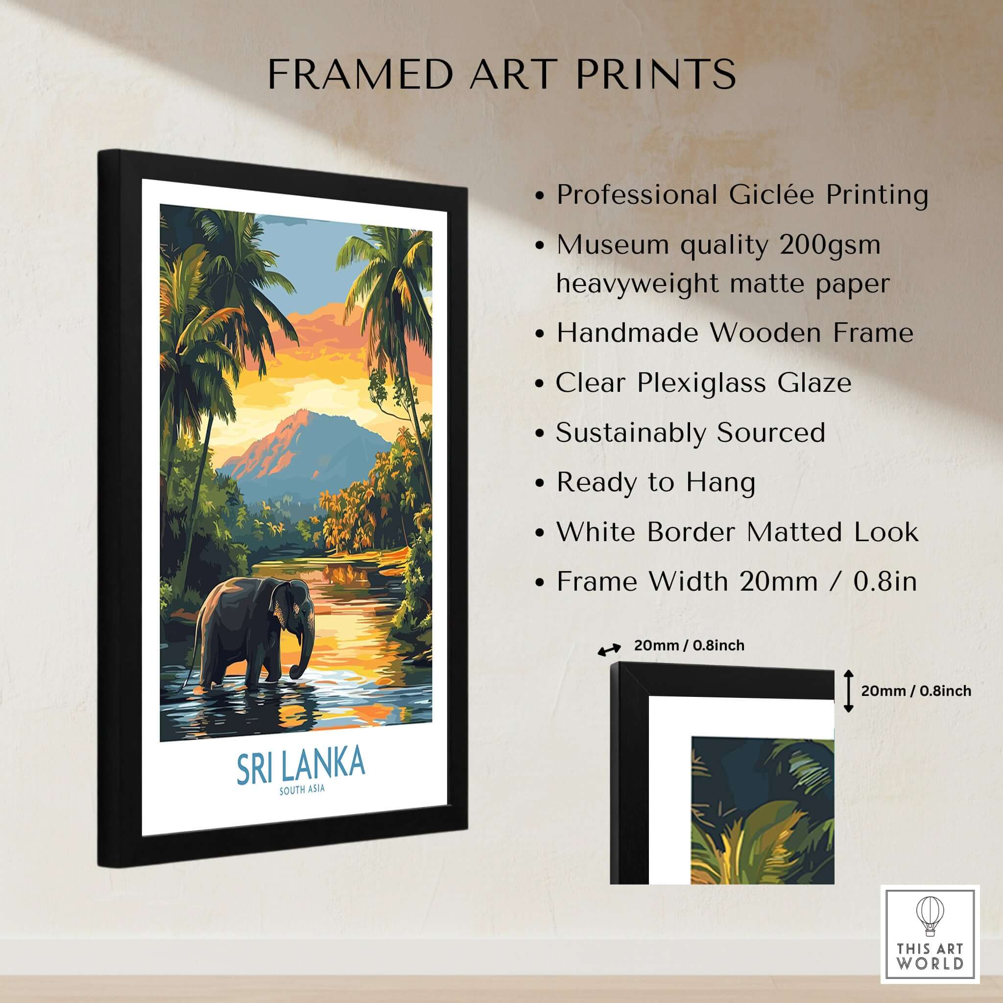 Sri Lanka Travel Art Print - Elephant Swimming Wall Art, Tropical Adventure Scene displayed in a framed giclée print.