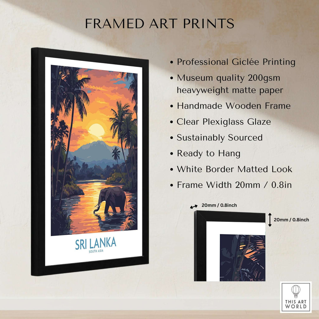 Sri Lanka Poster with Elephant in tropical setting at Sunset - Travel Print displayed on a wooden frame.