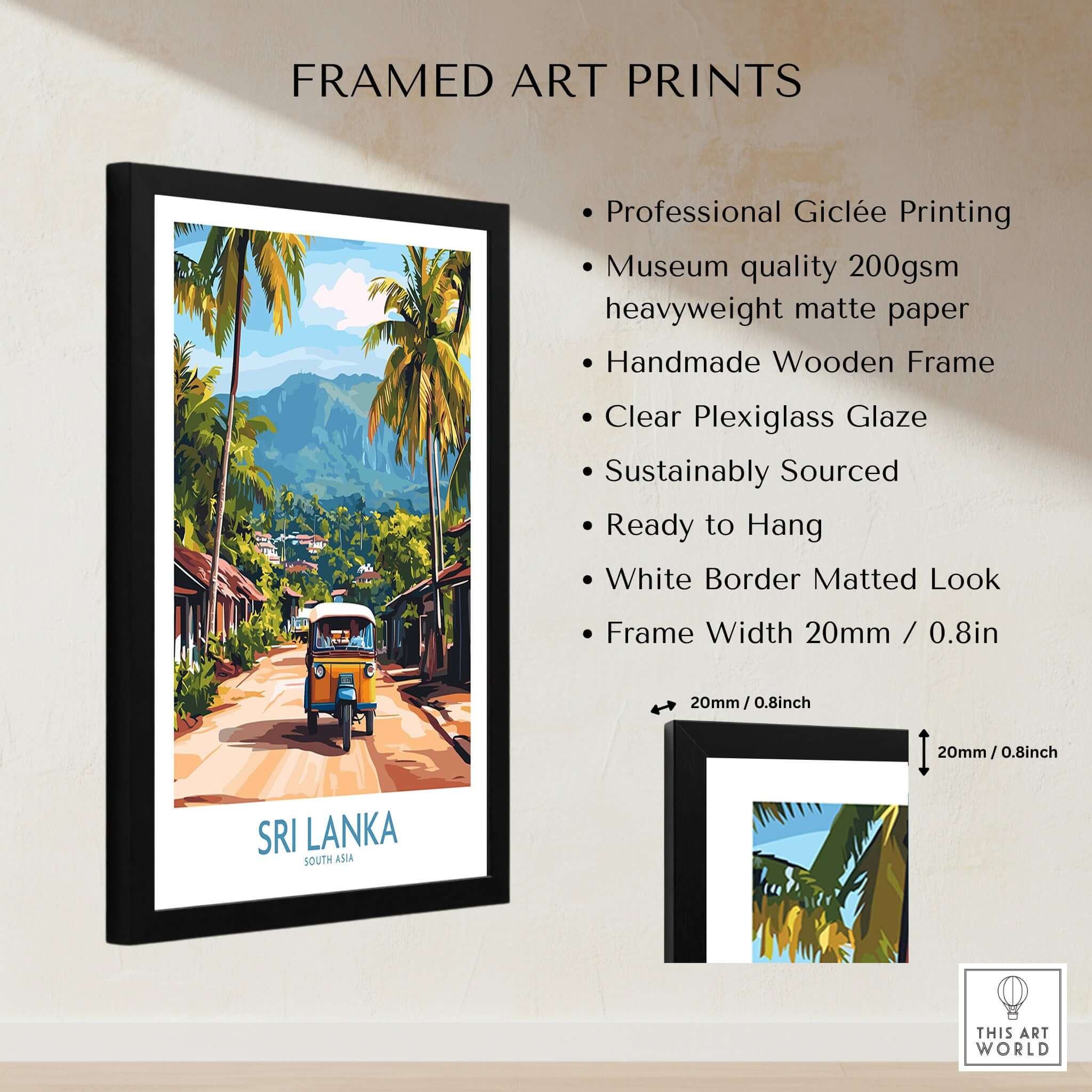 Sri Lanka Wall Art featuring a Tuk-Tuk in a framed print showcasing vibrant colors and culture.
