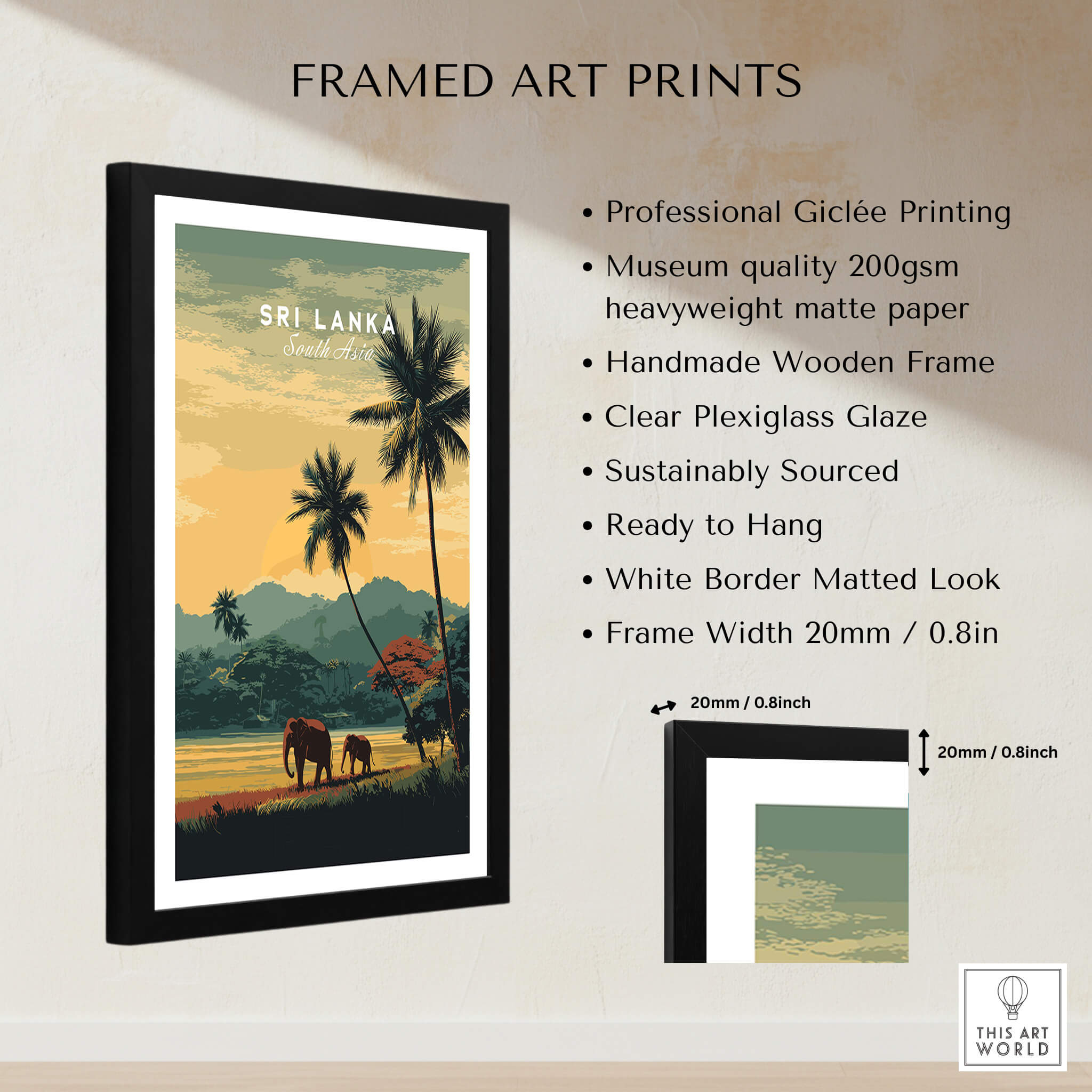 Sri Lanka Wall Art Print | Sunset Elephant Landscape Travel Poster in a framed setting with palm trees.