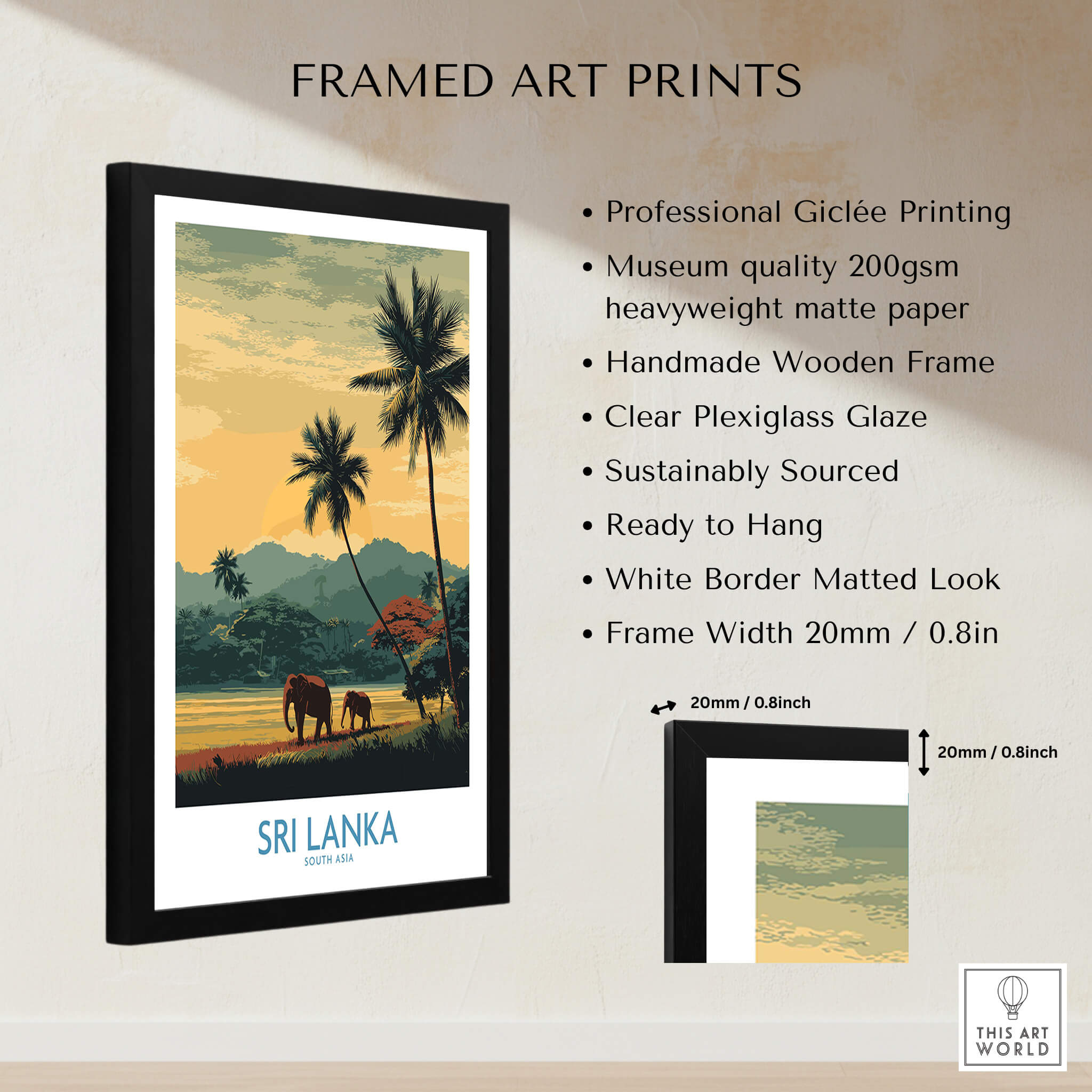 Sri Lanka Poster | Tropical Palm Tree & Elephant Canvas Print featuring a framed art print with elephants and palms.