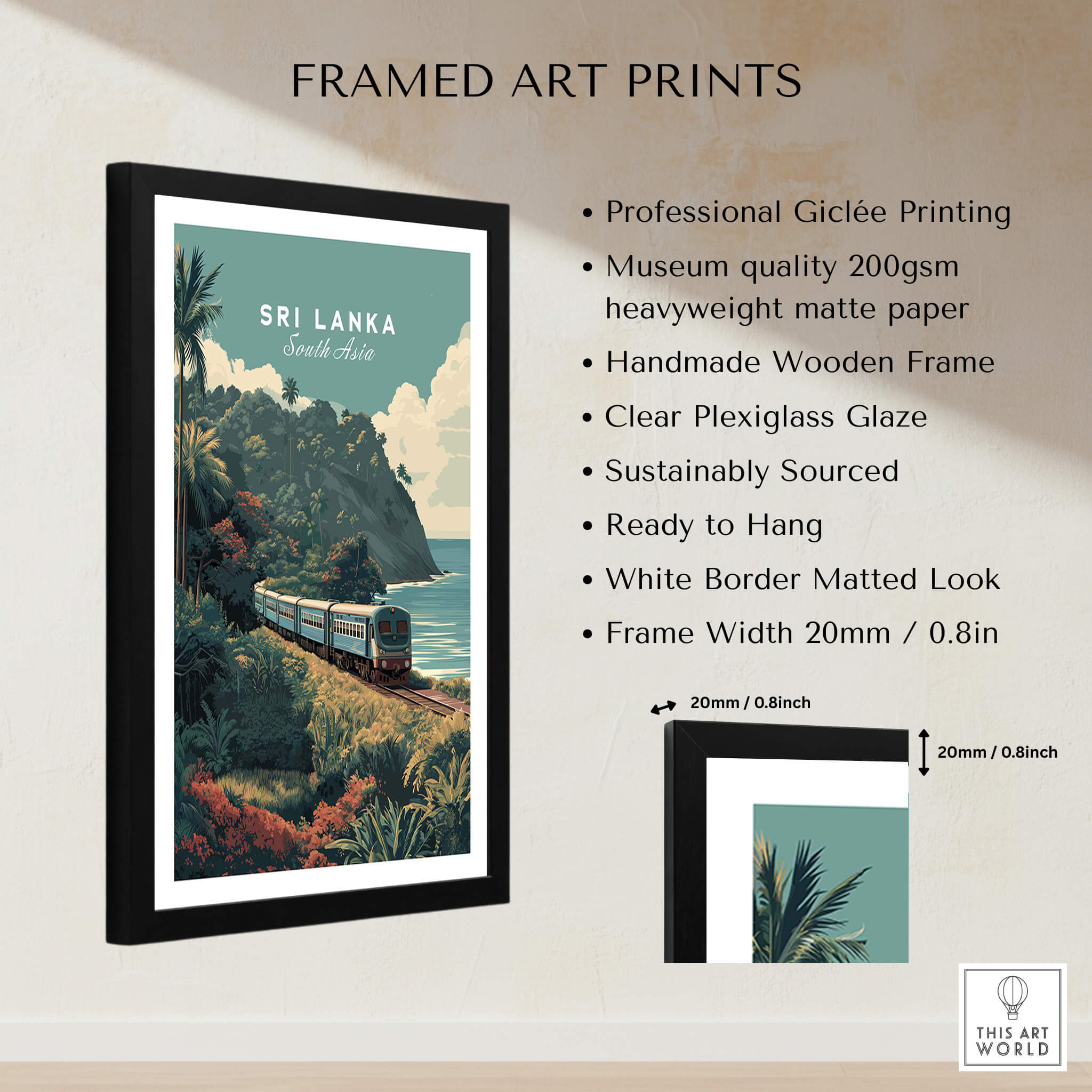 Sri Lanka Wall Art Print | Train Travel Poster framed in a wooden frame showcasing vibrant scenery and a train.