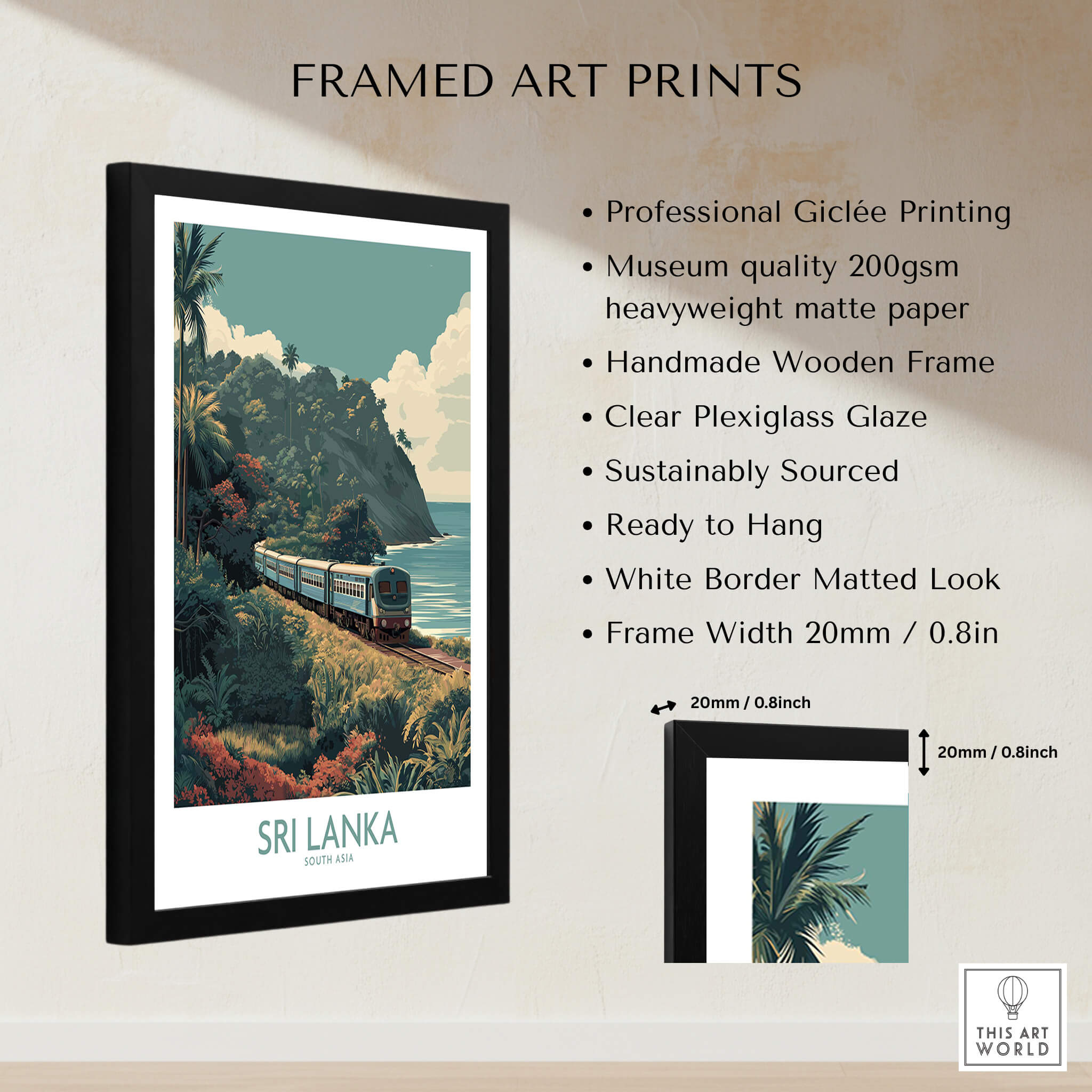 Sri Lanka Poster | Tropical Railway Canvas Print framed art print showcasing a vintage train in lush landscapes.