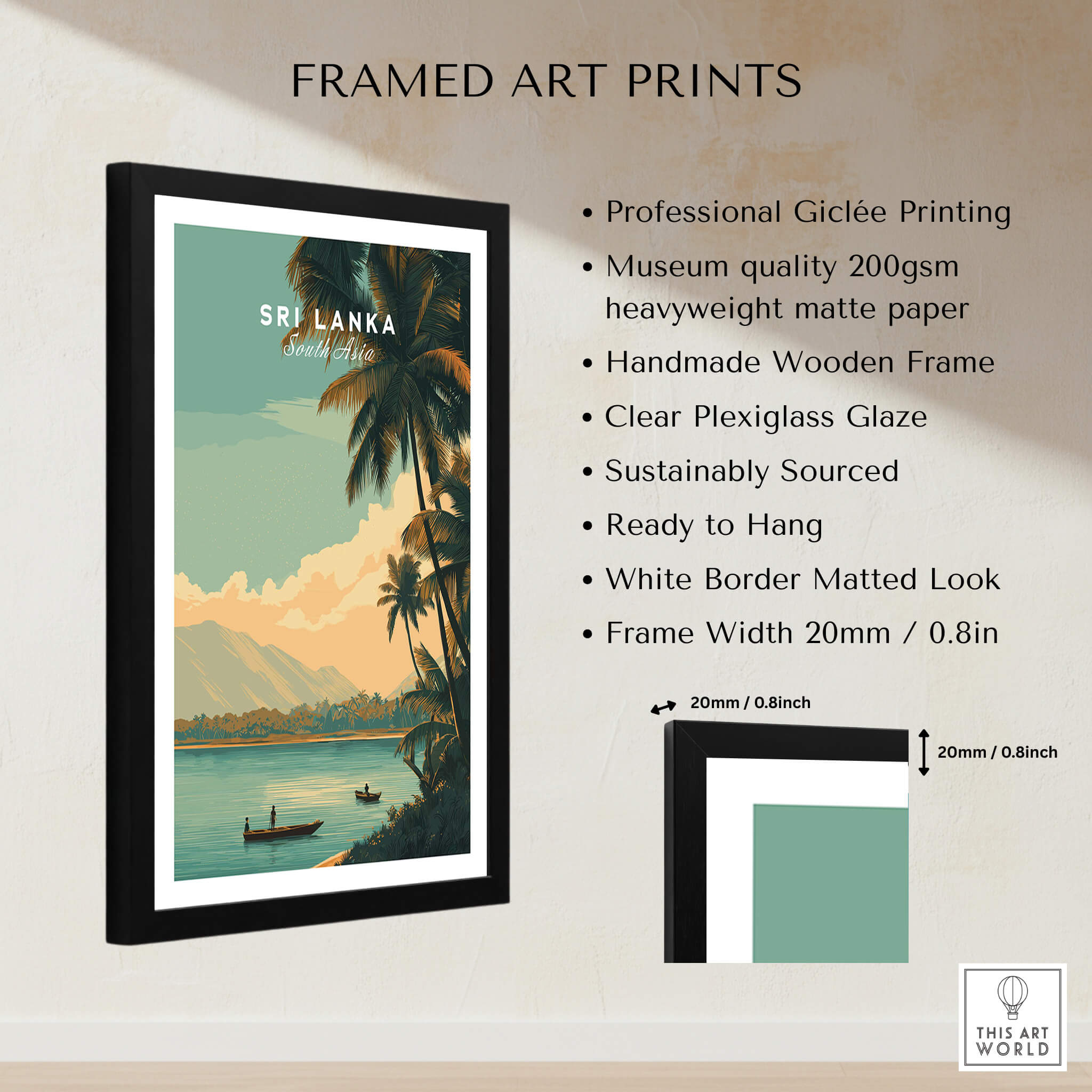 Sri Lanka Travel Poster | Sunset Wall Art Print framed artwork featuring tropical scenery and palm trees.