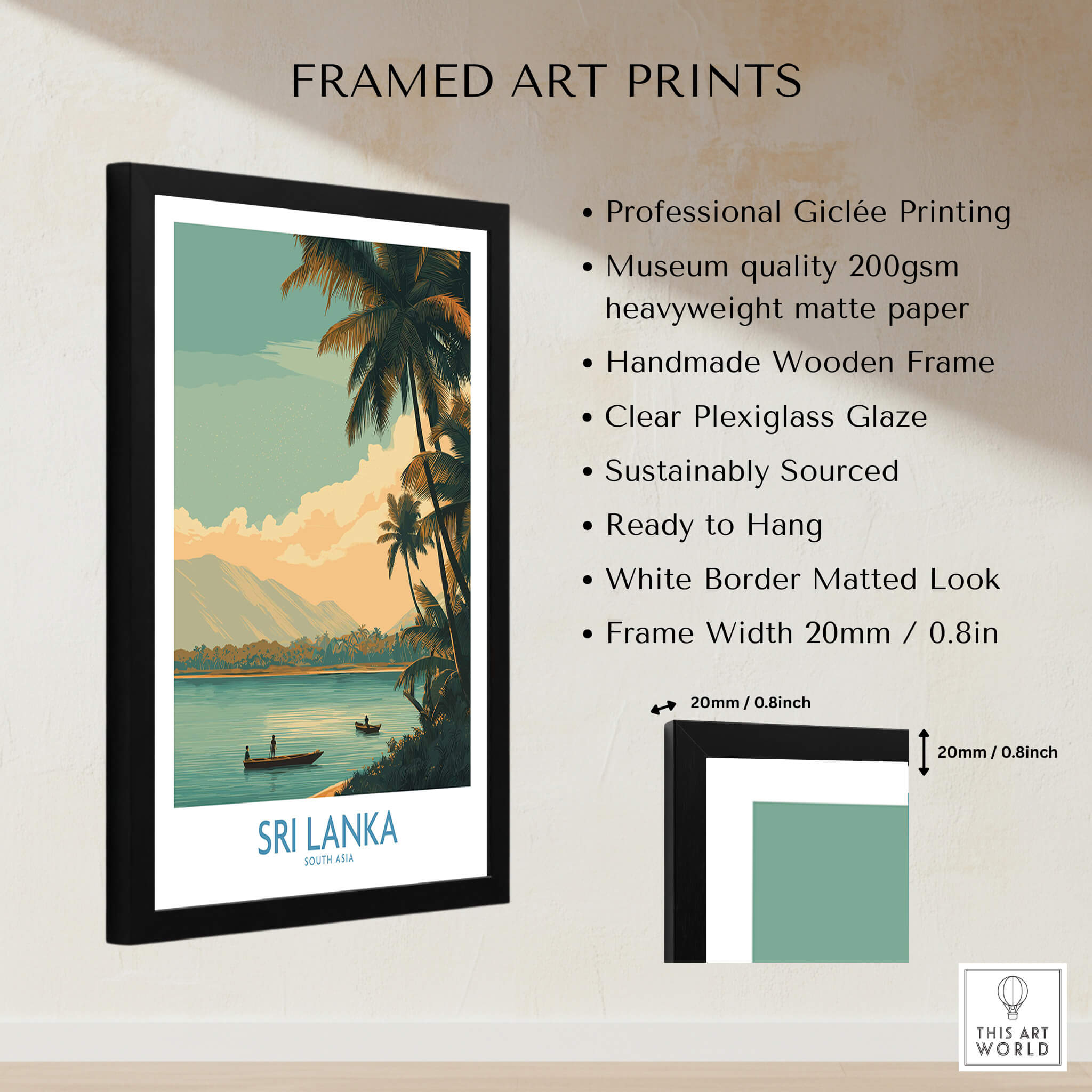 Sri Lanka Canvas Print | Traditional Boat Scene Poster displayed in a stylish black frame with a white matting.
