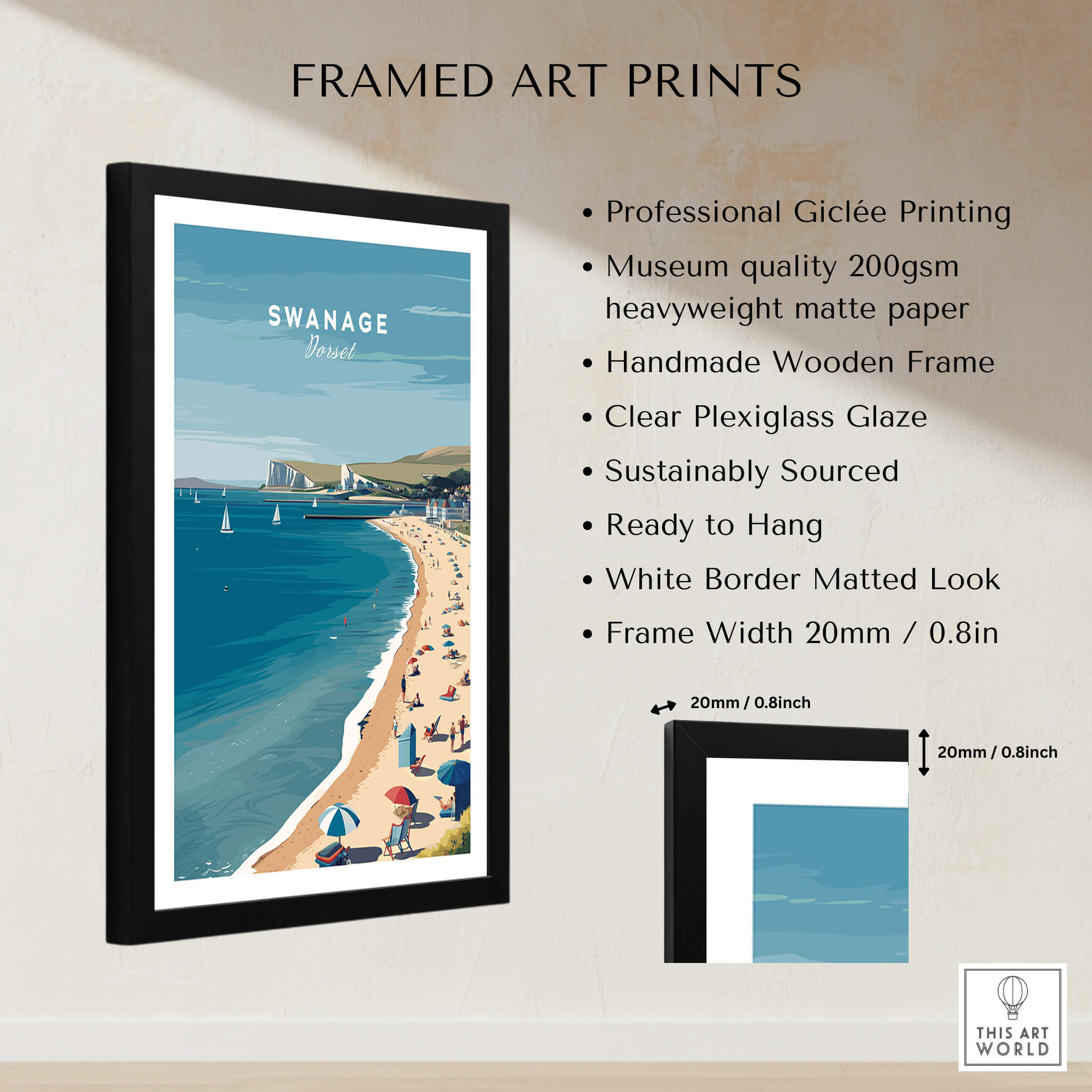 Swanage Dorset Wall Art Print | British Seaside Beach Travel Poster framed art print showcasing Dorset's beautiful coastline.
