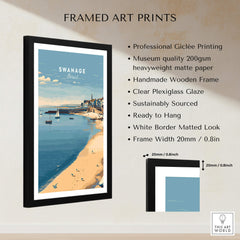 Swanage Dorset Travel Poster | English Coastal Town Wall Art Print framed and ready to hang, showcasing coastal views and charm.