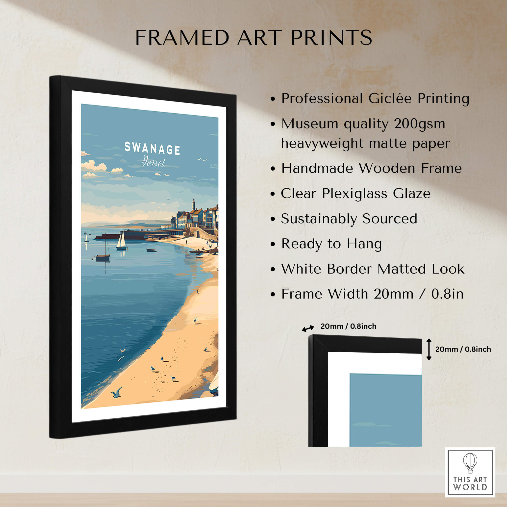 Swanage Dorset Travel Poster | English Coastal Town Wall Art Print framed and ready to hang, showcasing coastal views and charm.
