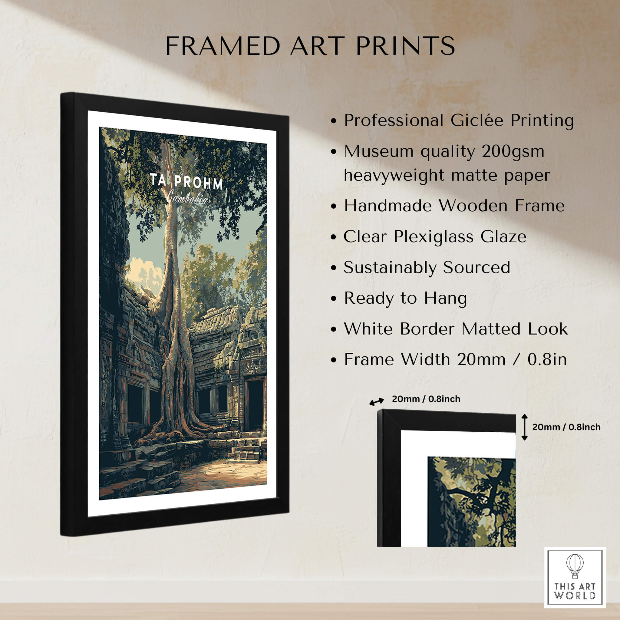 Ta Prohm Cambodia Travel Poster | Ancient Temple Jungle Ruins Wall Art Print framed with clear plexiglass and white border.