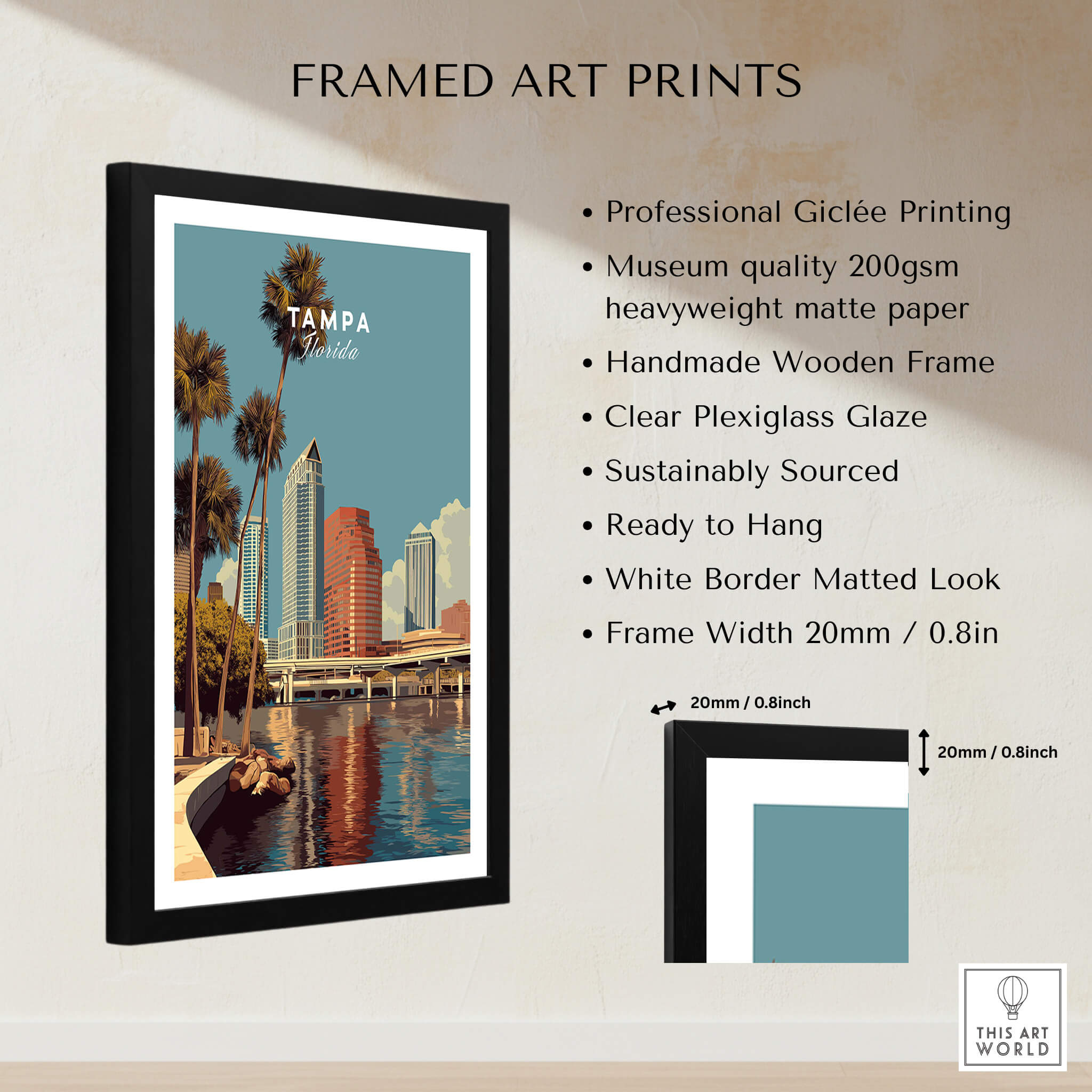 Tampa Florida Wall Art Print | Downtown City Skyline Travel Poster framed art print showcasing vibrant cityscape and palm trees.